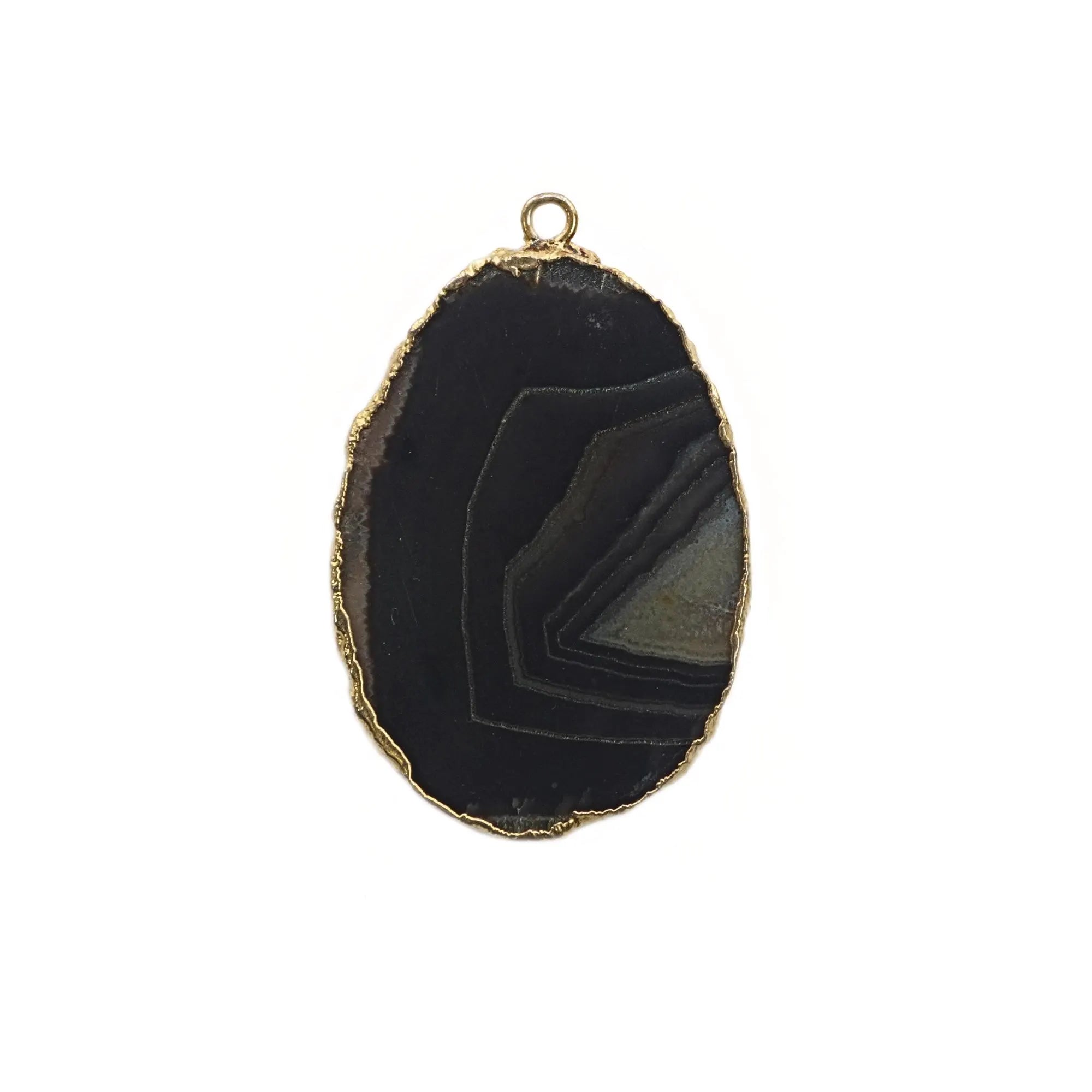 Black Banded Agate Oval Slice Shape Gemstone Gold Electroplated Charm Pendant