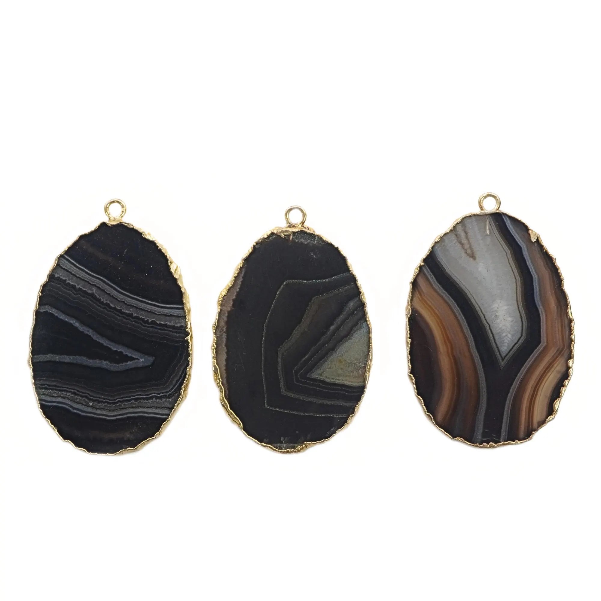 Black Banded Agate Oval Slice Shape Gemstone Gold Electroplated Charm Pendant