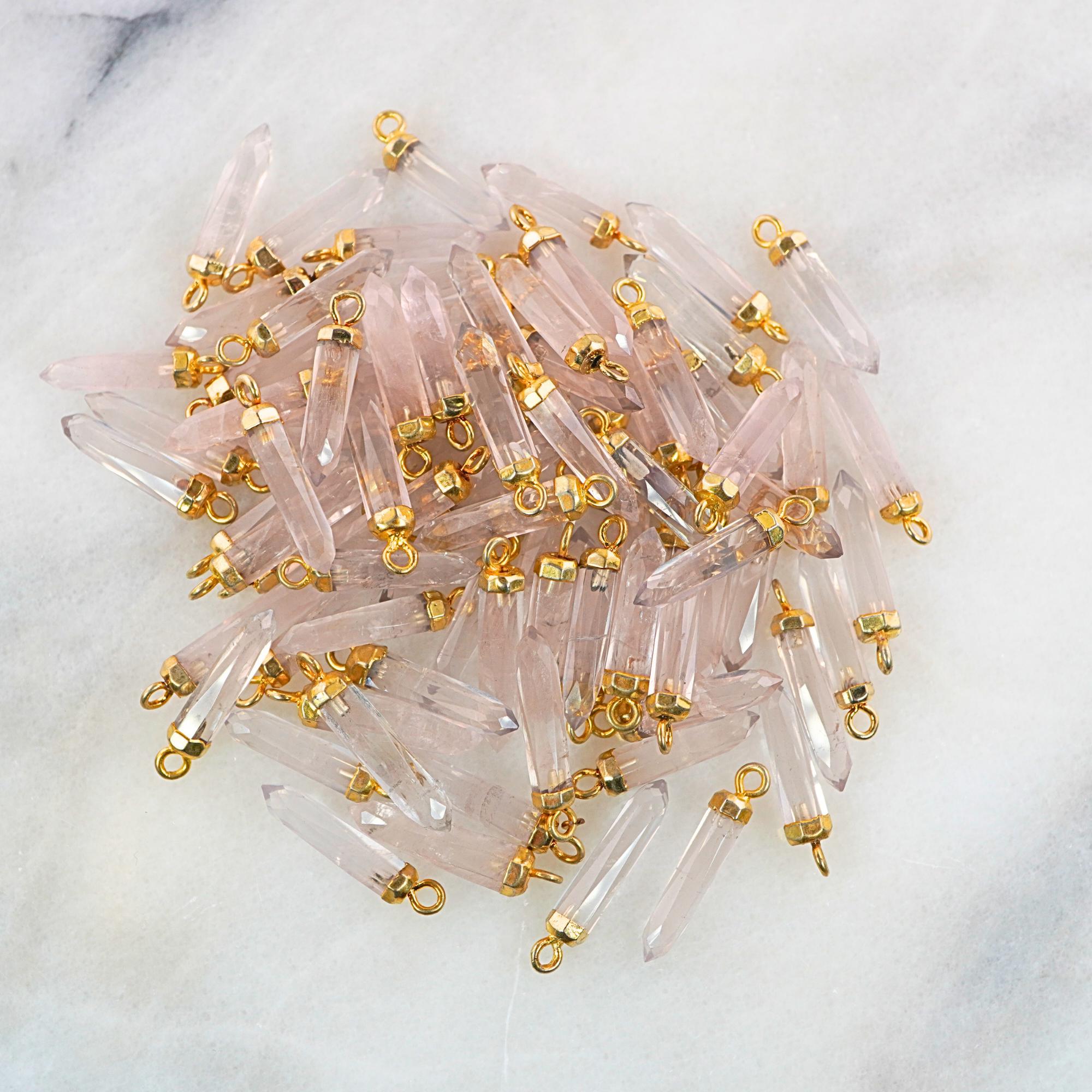 Rose Quartz Faceted Pencil Gemstone Gold Electroplated Charm Pendant