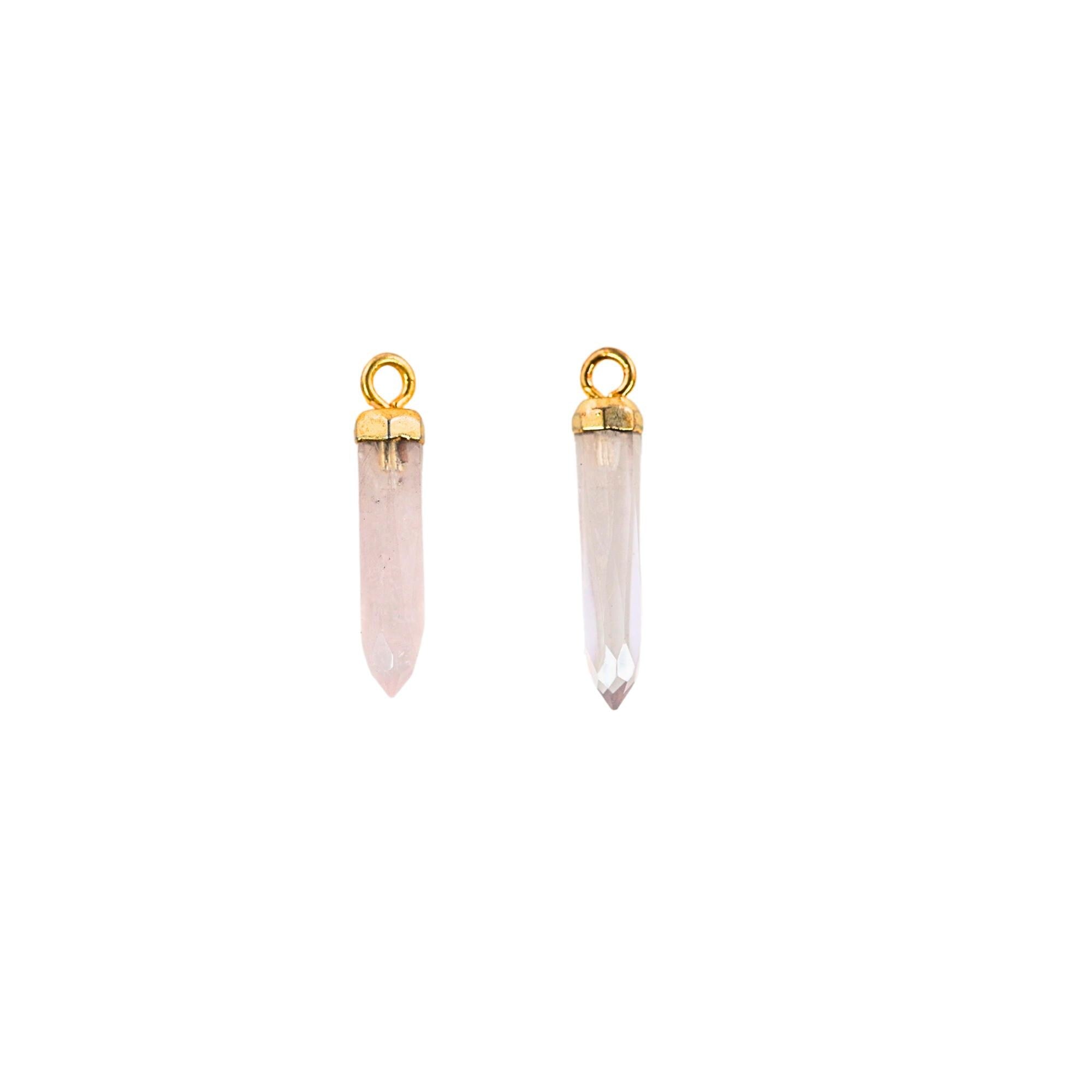 Rose Quartz Faceted Pencil Gemstone Gold Electroplated Charm Pendant