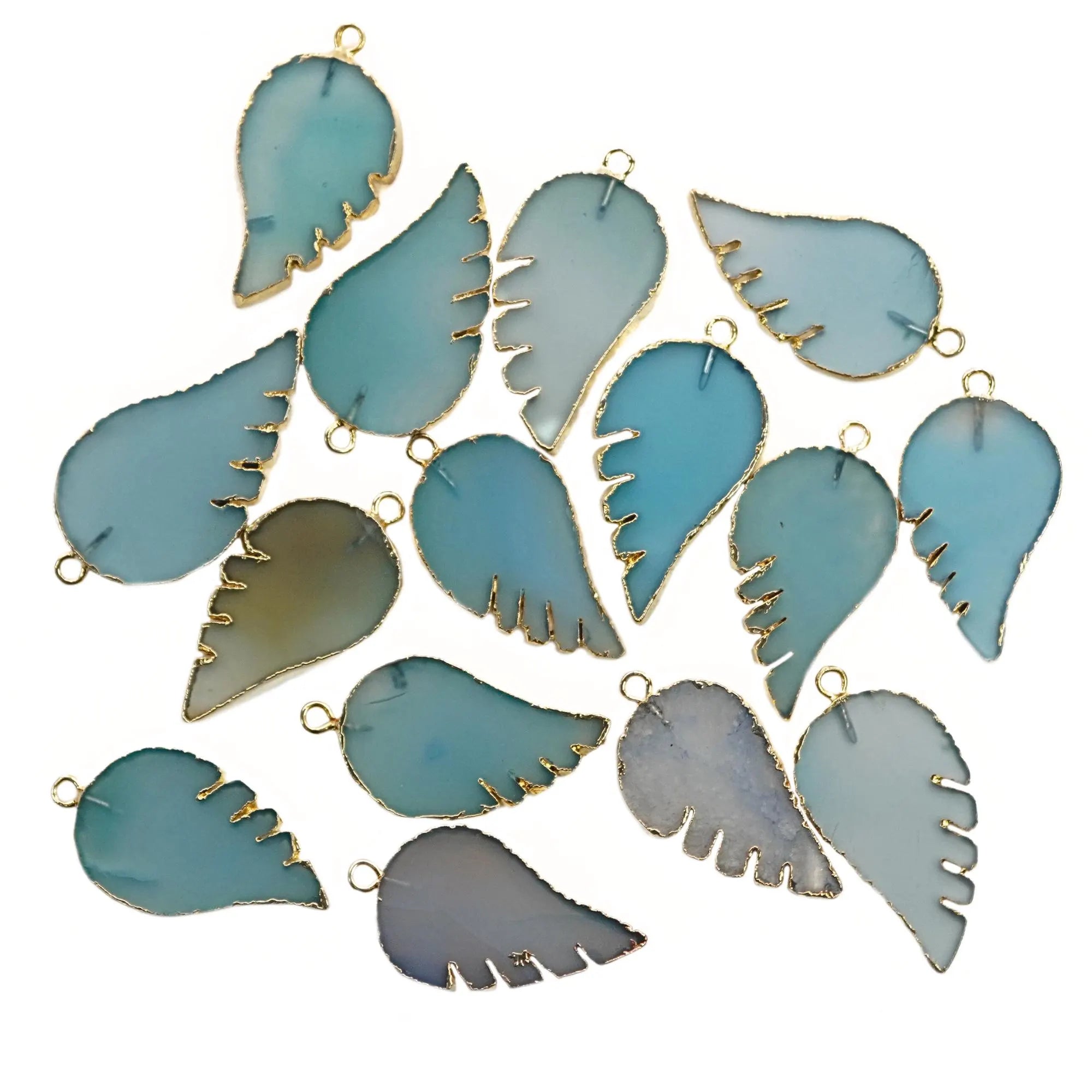 Aqua Chalcedony Smooth Blue Angel Wing Gemstone Gold Electroplated Charm Pendant