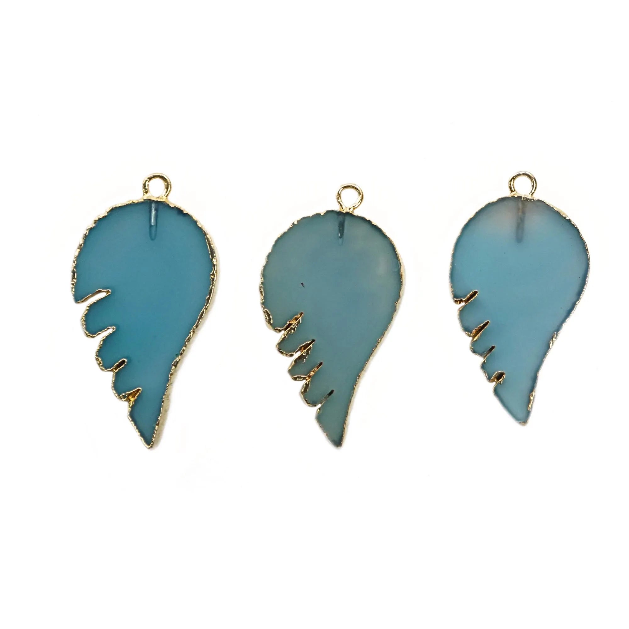 Aqua Chalcedony Smooth Blue Angel Wing Gemstone Gold Electroplated Charm Pendant