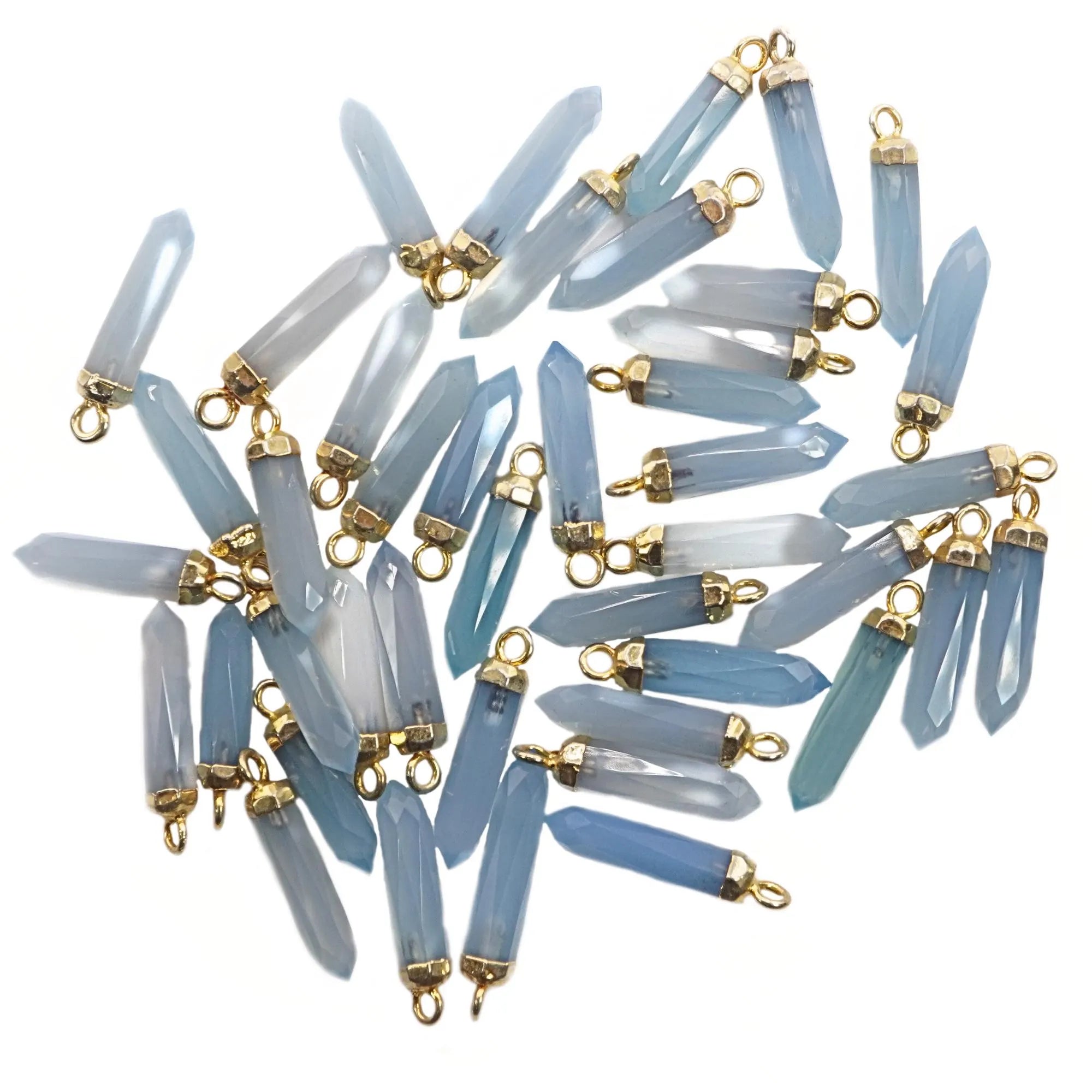 Blue Chalcedony Faceted Point Pencil Shape Gemstone Gold Electroplated Charm Pendant