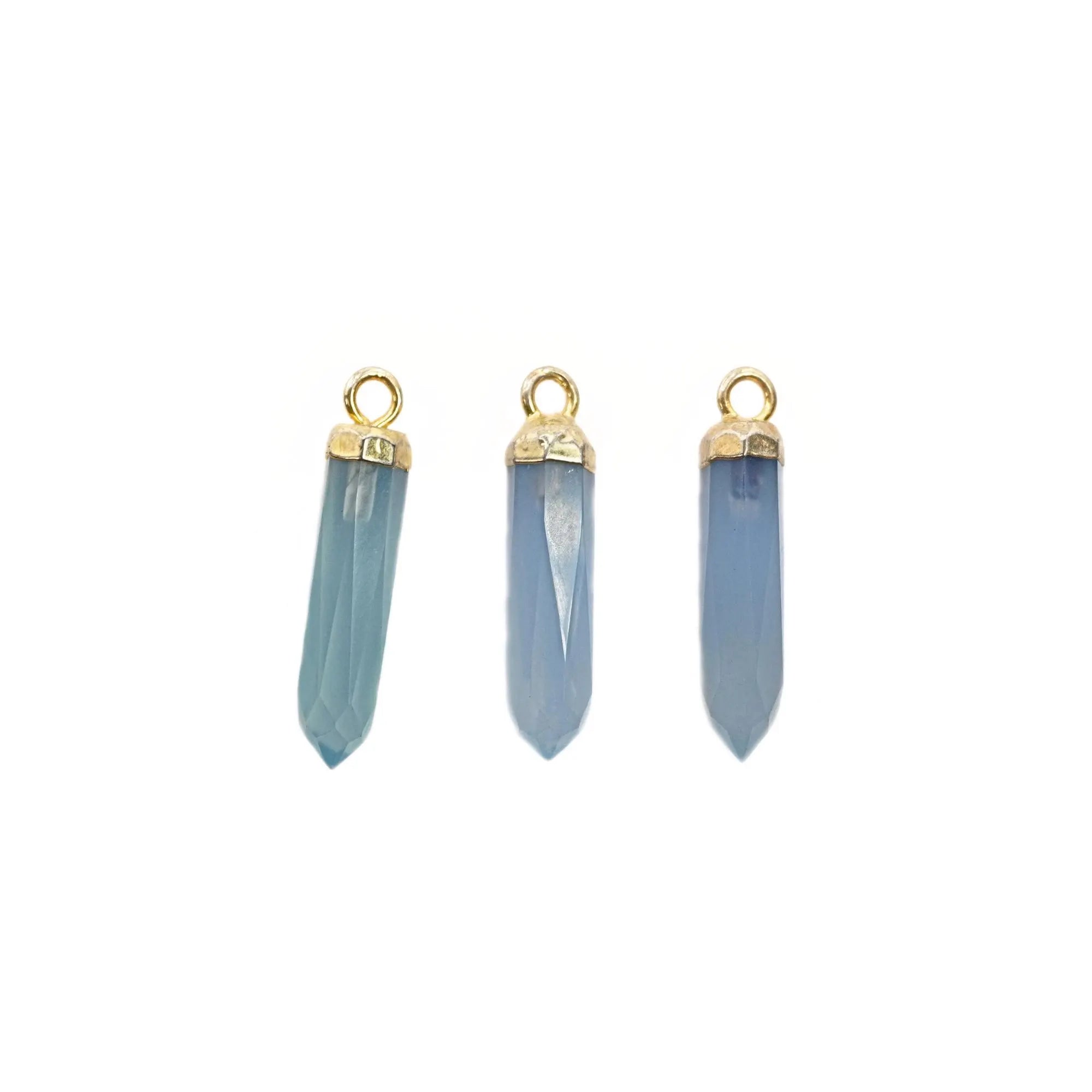 Blue Chalcedony Faceted Point Pencil Shape Gemstone Gold Electroplated Charm Pendant