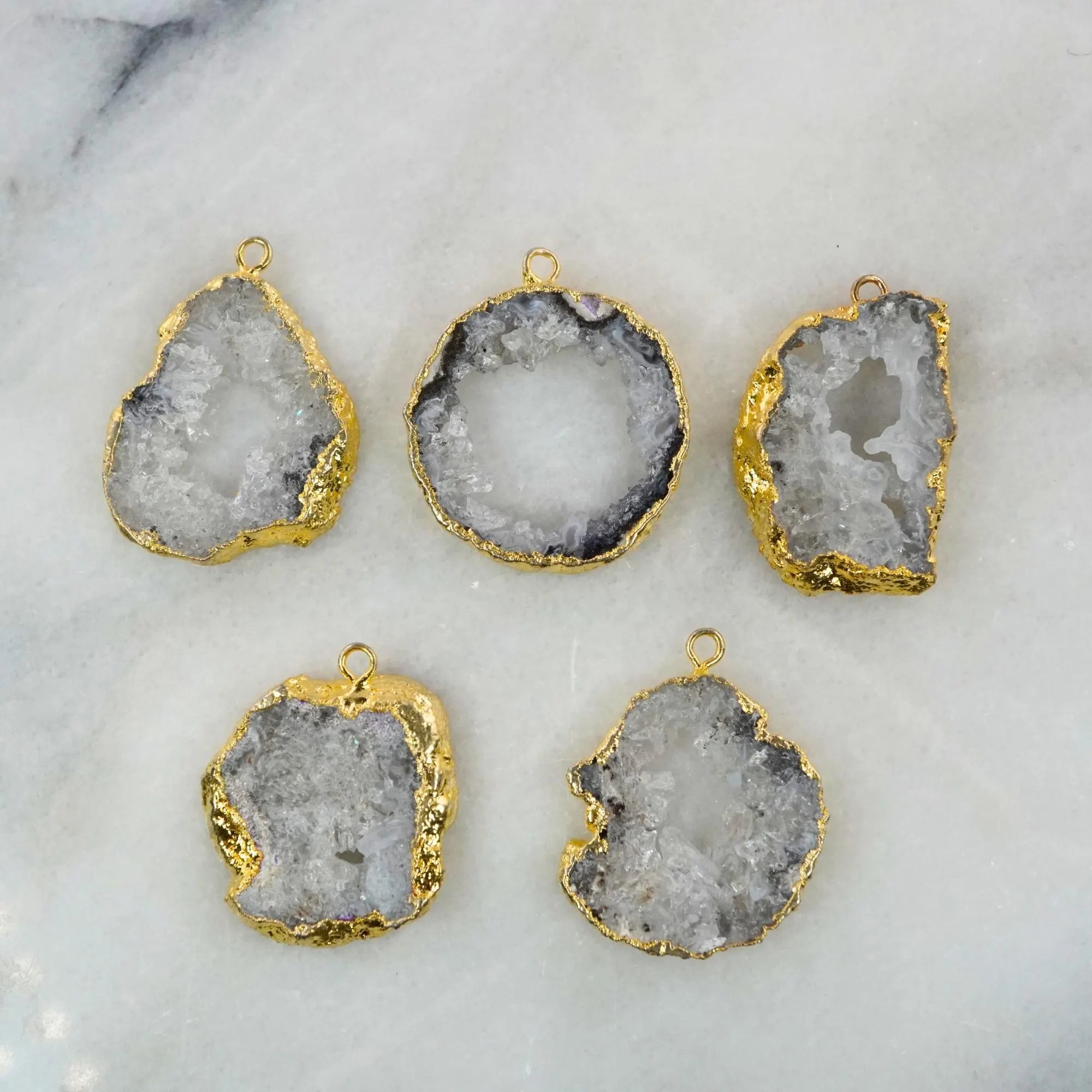 Solar Quartz Agate Slice Druzy Large Irregular Shape Gold Electroplated Charm Pendant