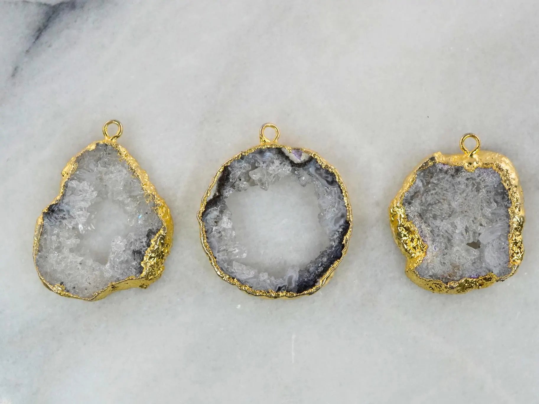 Solar Quartz Agate Slice Druzy Large Irregular Shape Gold Electroplated Charm Pendant
