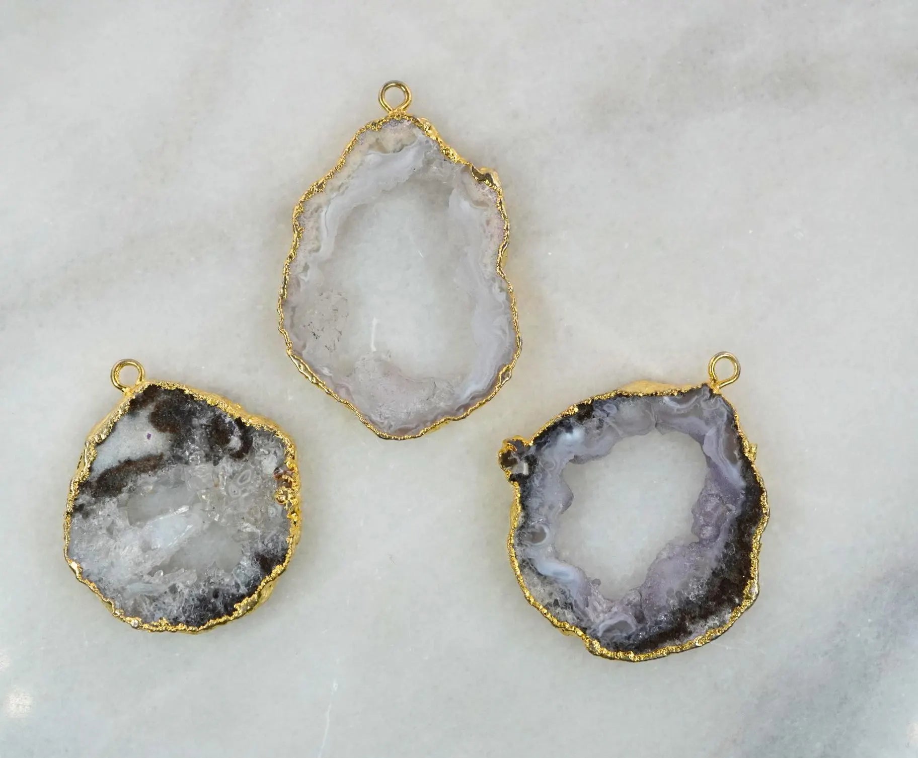 Solar Quartz Agate Slice Druzy Large Irregular Shape Gold Electroplated Charm Pendant