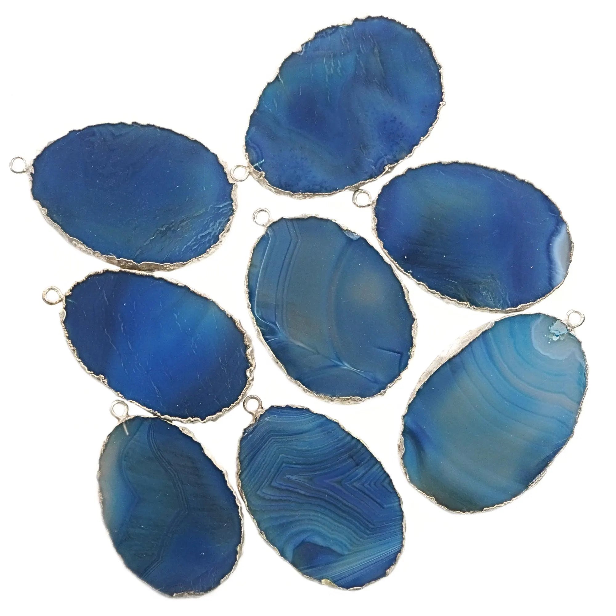 Blue Banded Agate Smooth Oval Shape Gemstone Silver Electroplated Charm Pendant