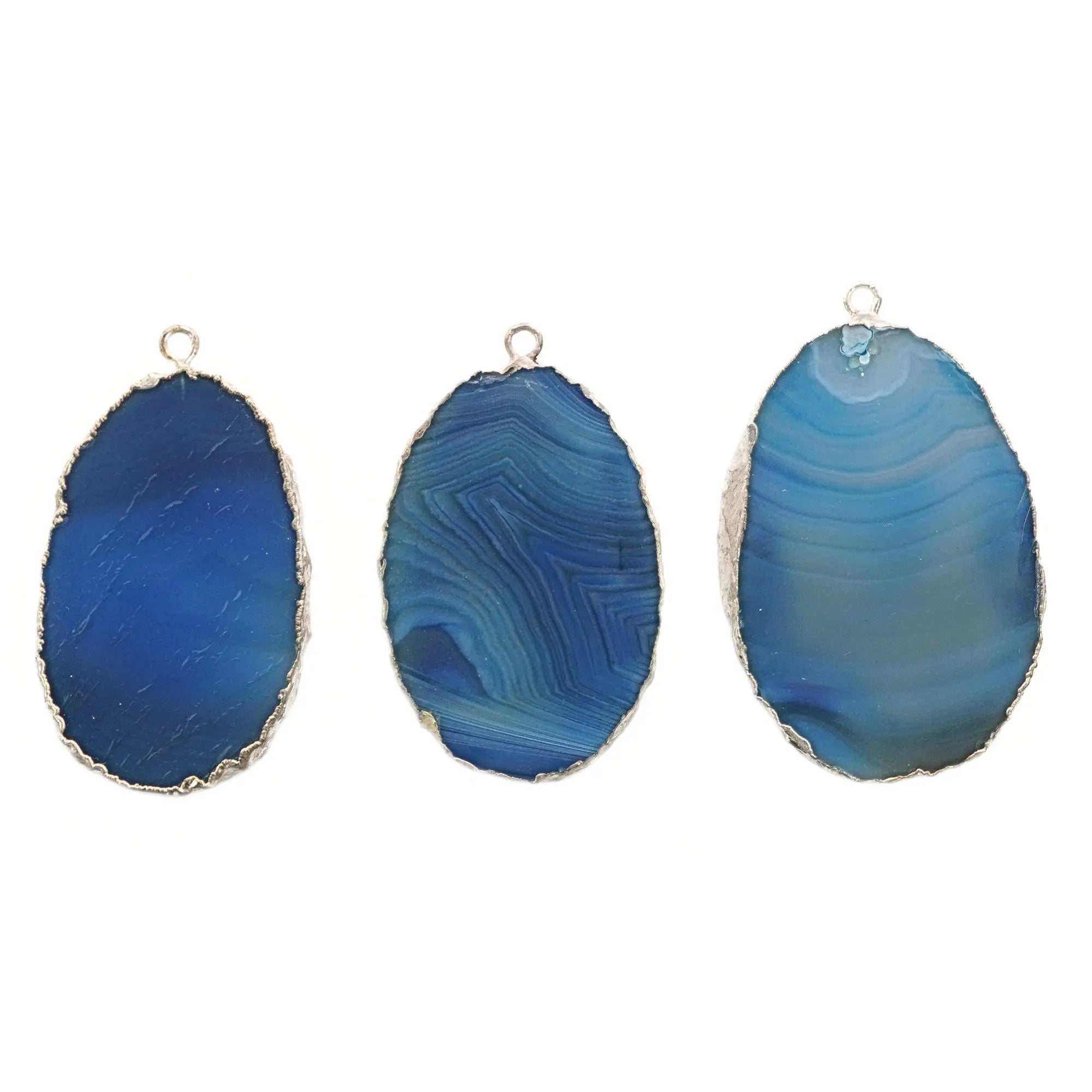 Blue Banded Agate Smooth Oval Shape Gemstone Silver Electroplated Charm Pendant