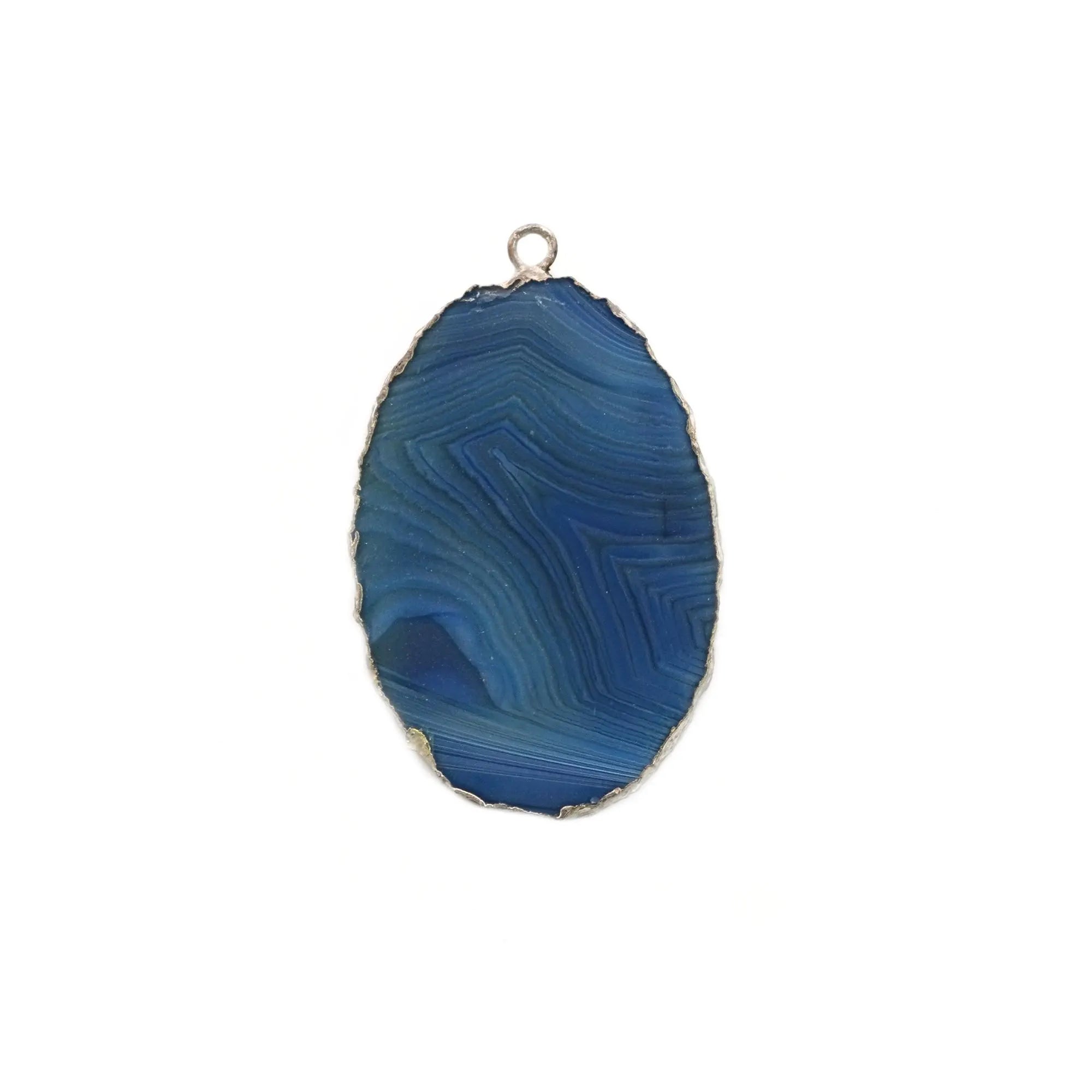 Blue Banded Agate Smooth Oval Shape Gemstone Silver Electroplated Charm Pendant