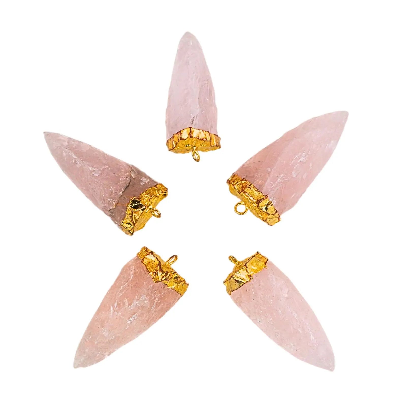 Rose Quartz Cap Tooth Gemstone Gold Electroplated Charm Pendant