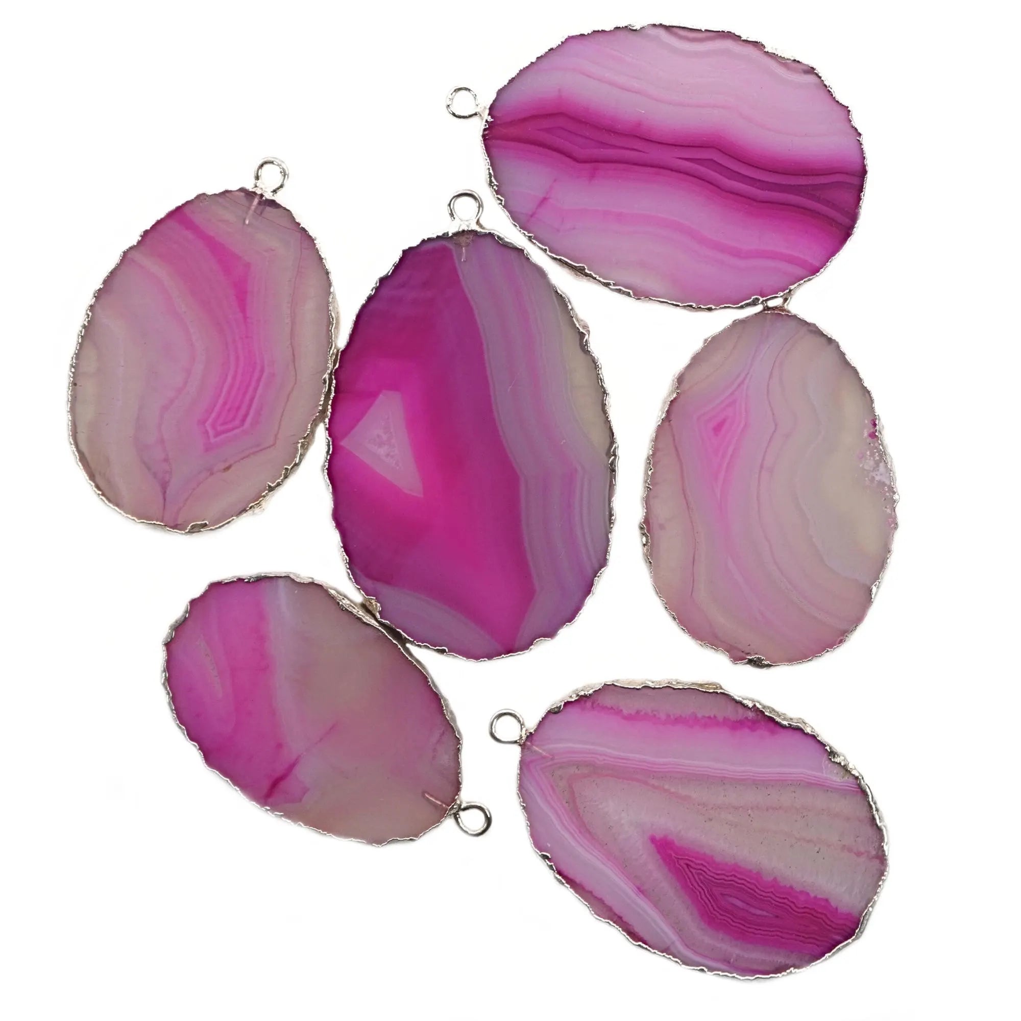 Pink Banded Agate Smooth Oval Shape Gemstone Silver Electroplated Charm Pendant
