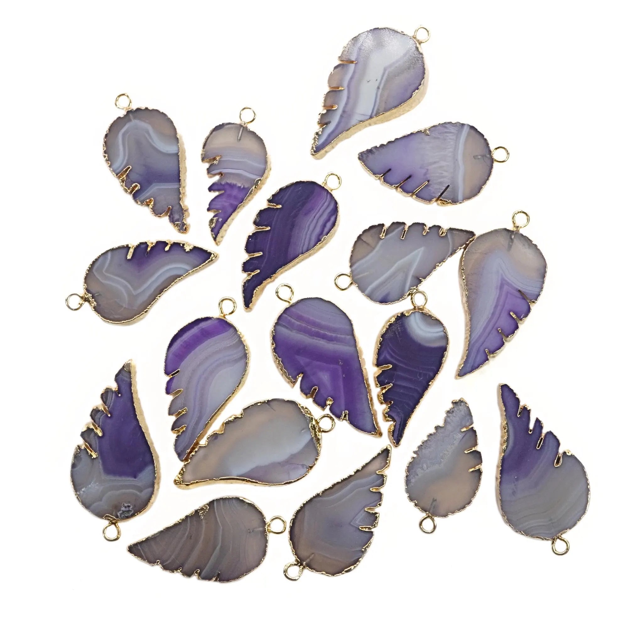 Purple Banded Agate Smooth Angel Wing Gemstone Gold Electroplated Charm Pendant