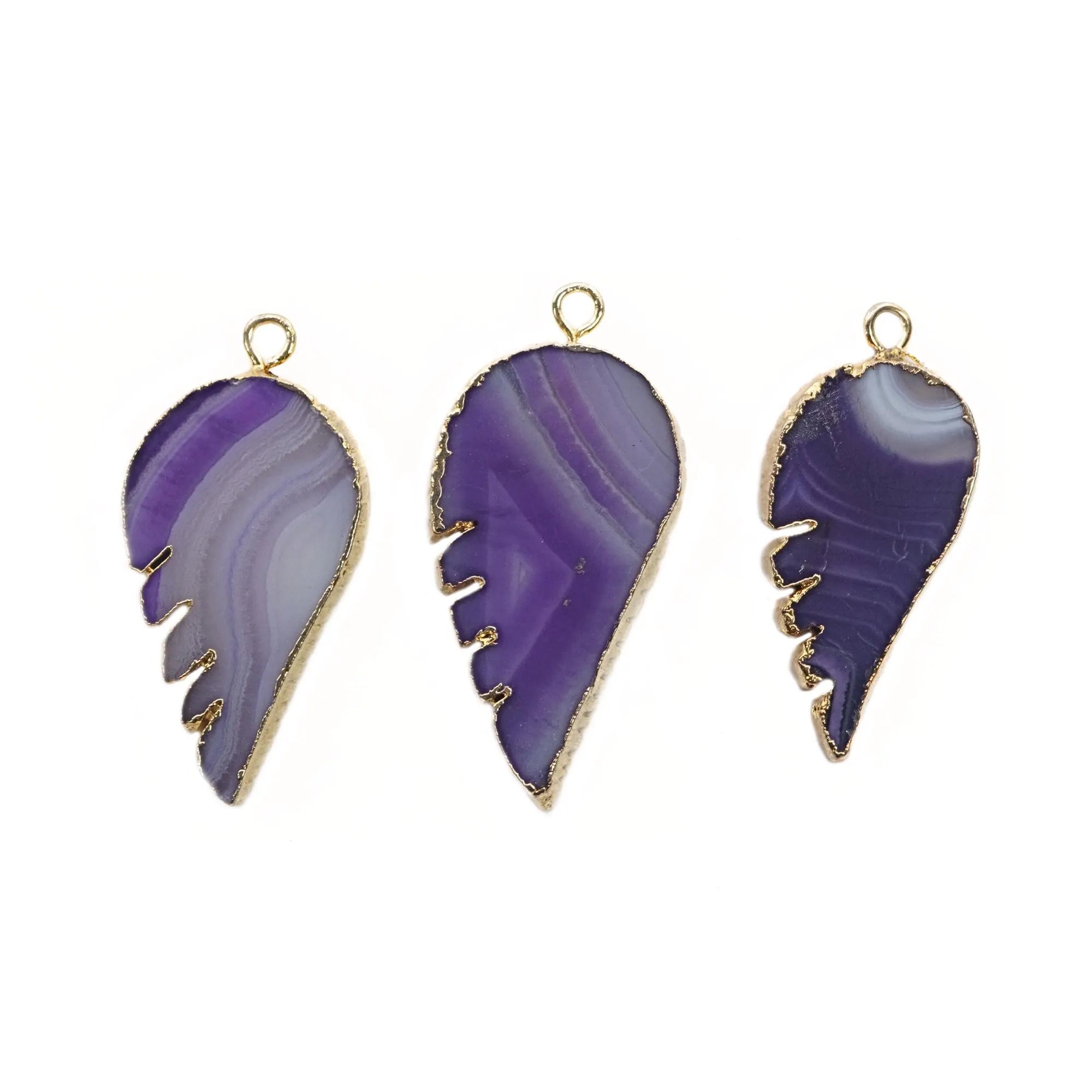 Purple Banded Agate Smooth Angel Wing Gemstone Gold Electroplated Charm Pendant