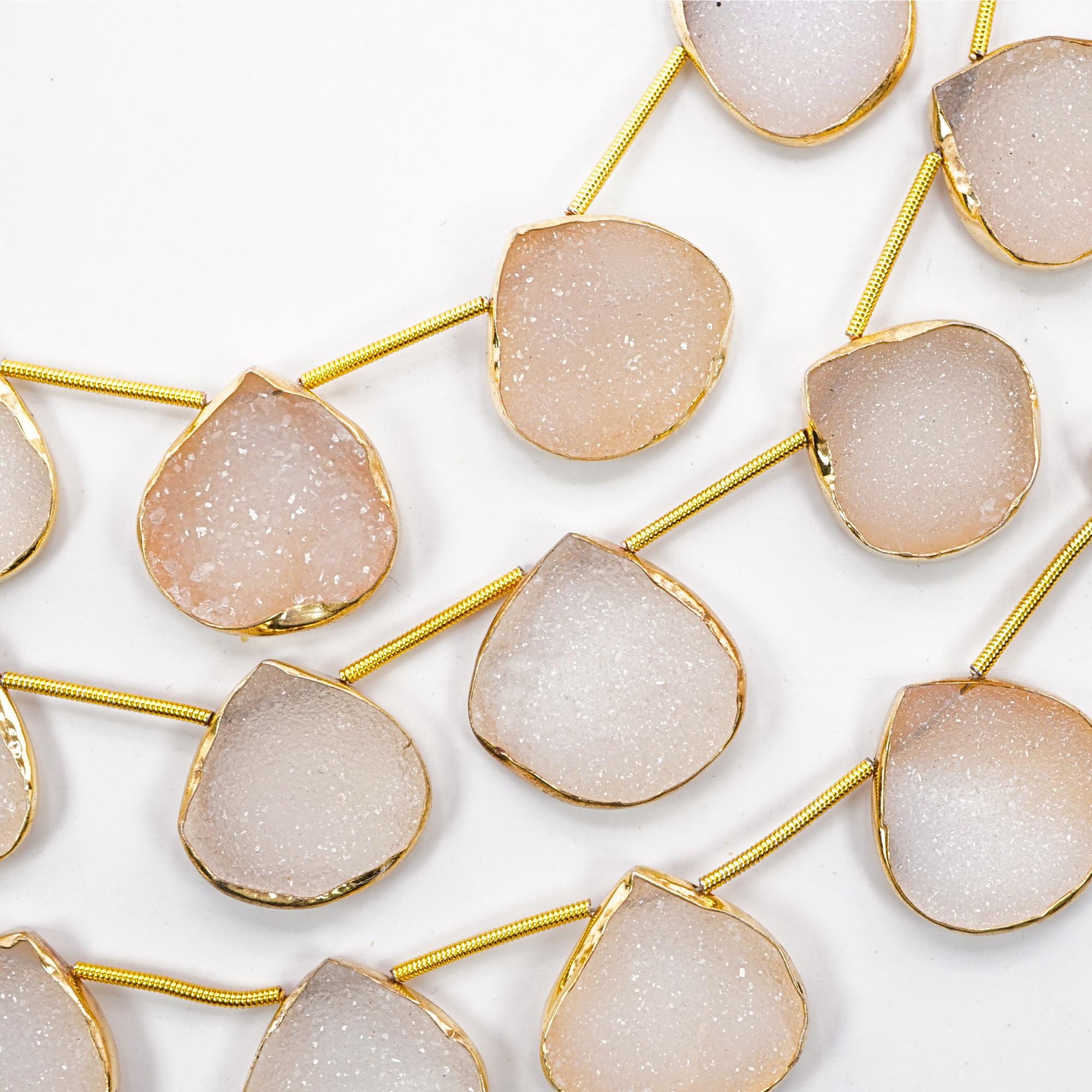 White Druzy Heart Gemstone Gold Electroplated Stone Side Drilled Stand