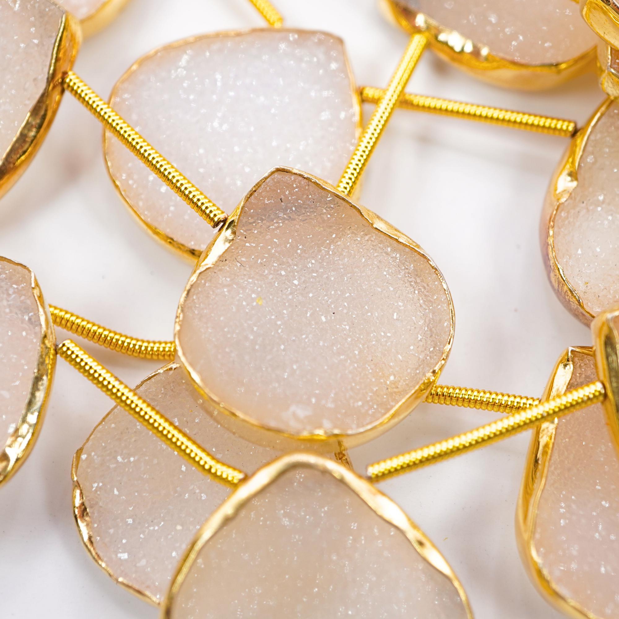 White Druzy Heart Gemstone Gold Electroplated Stone Side Drilled Stand