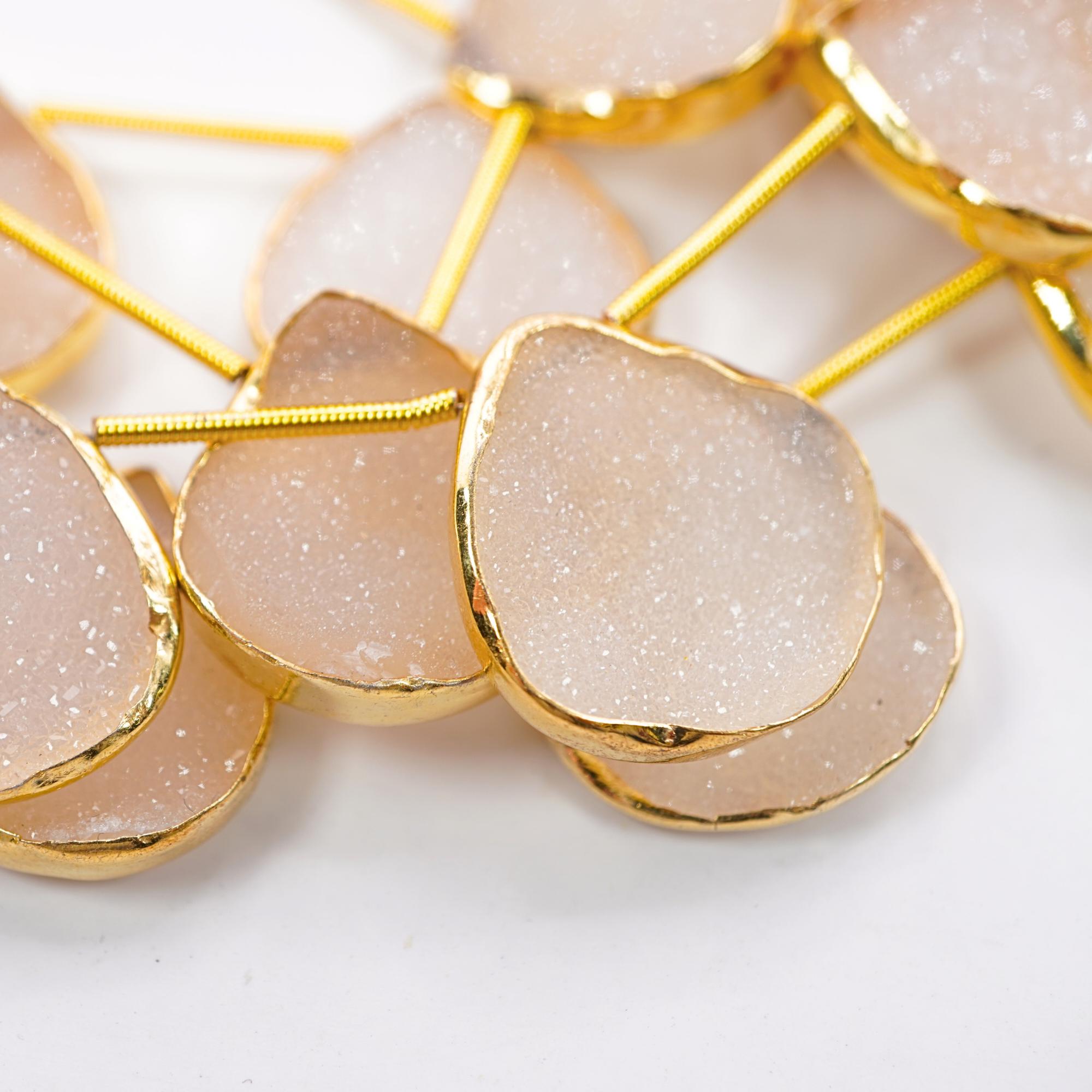 White Druzy Heart Gemstone Gold Electroplated Stone Side Drilled Stand