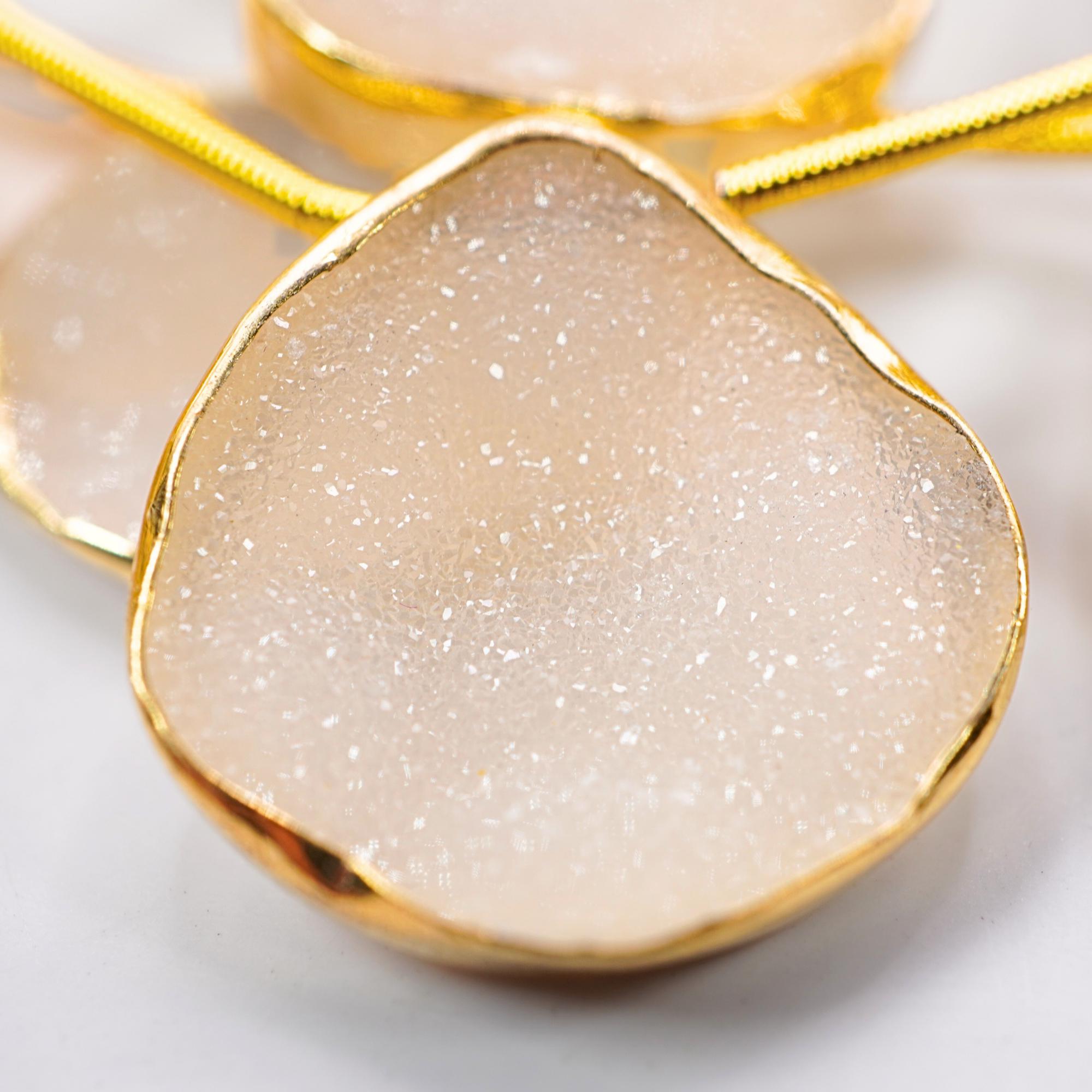 White Druzy Heart Gemstone Gold Electroplated Stone Side Drilled Stand