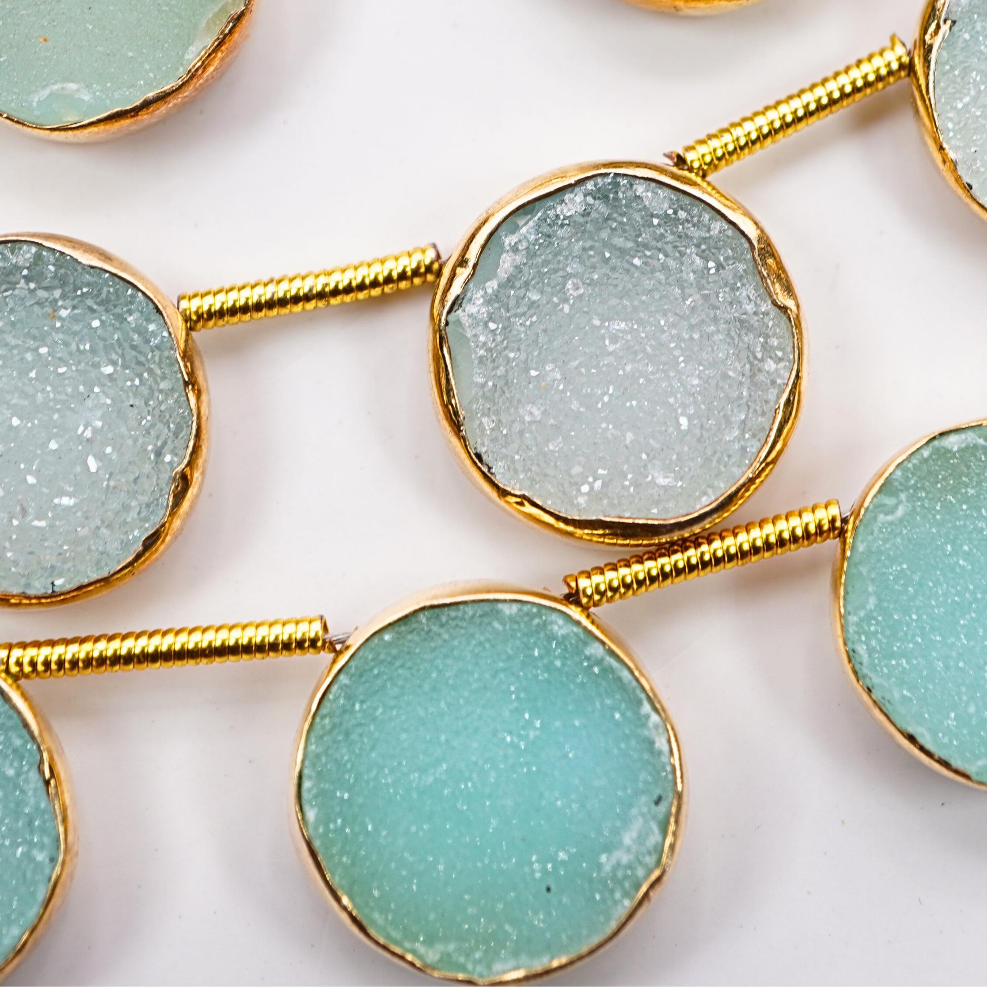 Aqua Druzy Coin Shape Gemstone Gold Electroplated Side Drilled Stand