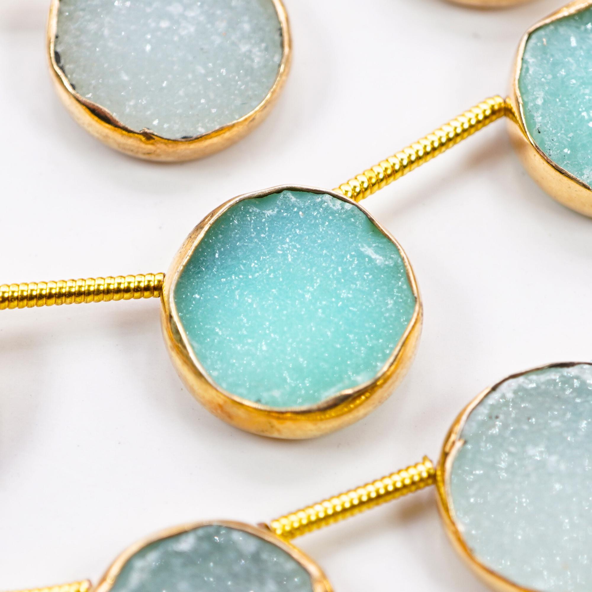 Aqua Druzy Coin Shape Gemstone Gold Electroplated Side Drilled Stand