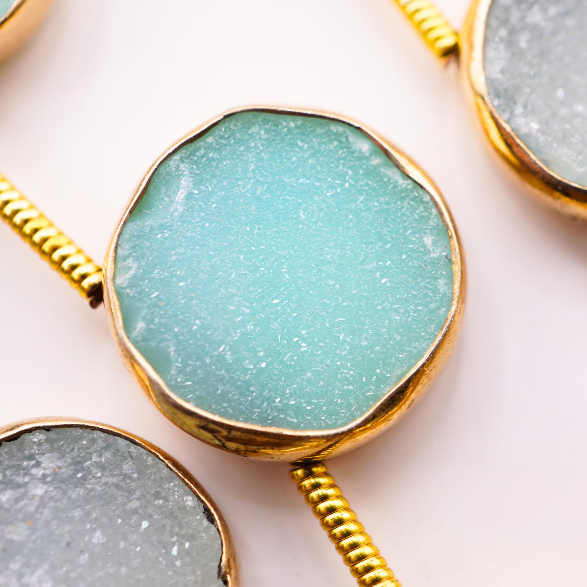 Aqua Druzy Coin Shape Gemstone Gold Electroplated Side Drilled Stand