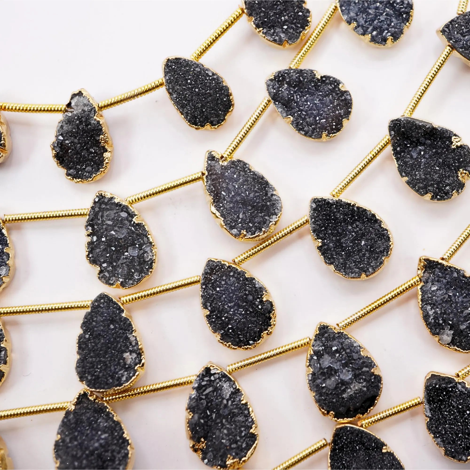 Black Druzy Teardrop Shape Gold Electroplated Side Drilled Stand
