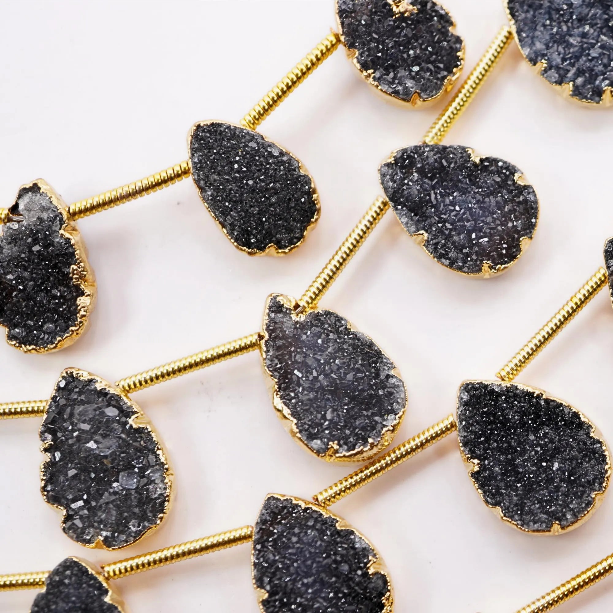 Black Druzy Teardrop Shape Gold Electroplated Side Drilled Stand