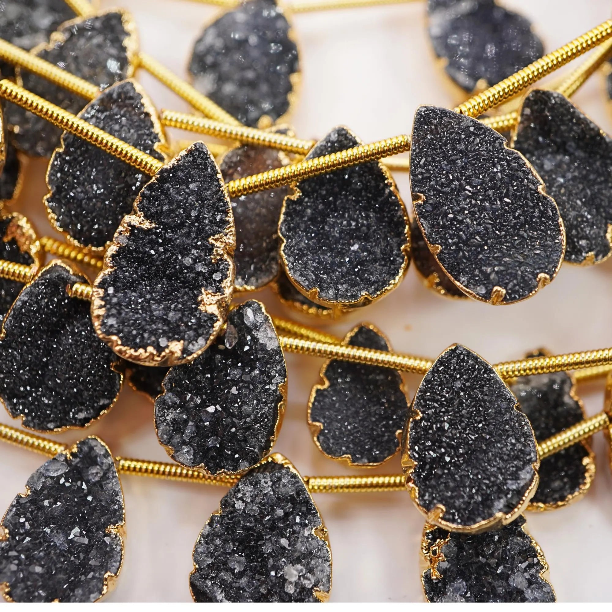 Black Druzy Teardrop Shape Gold Electroplated Side Drilled Stand