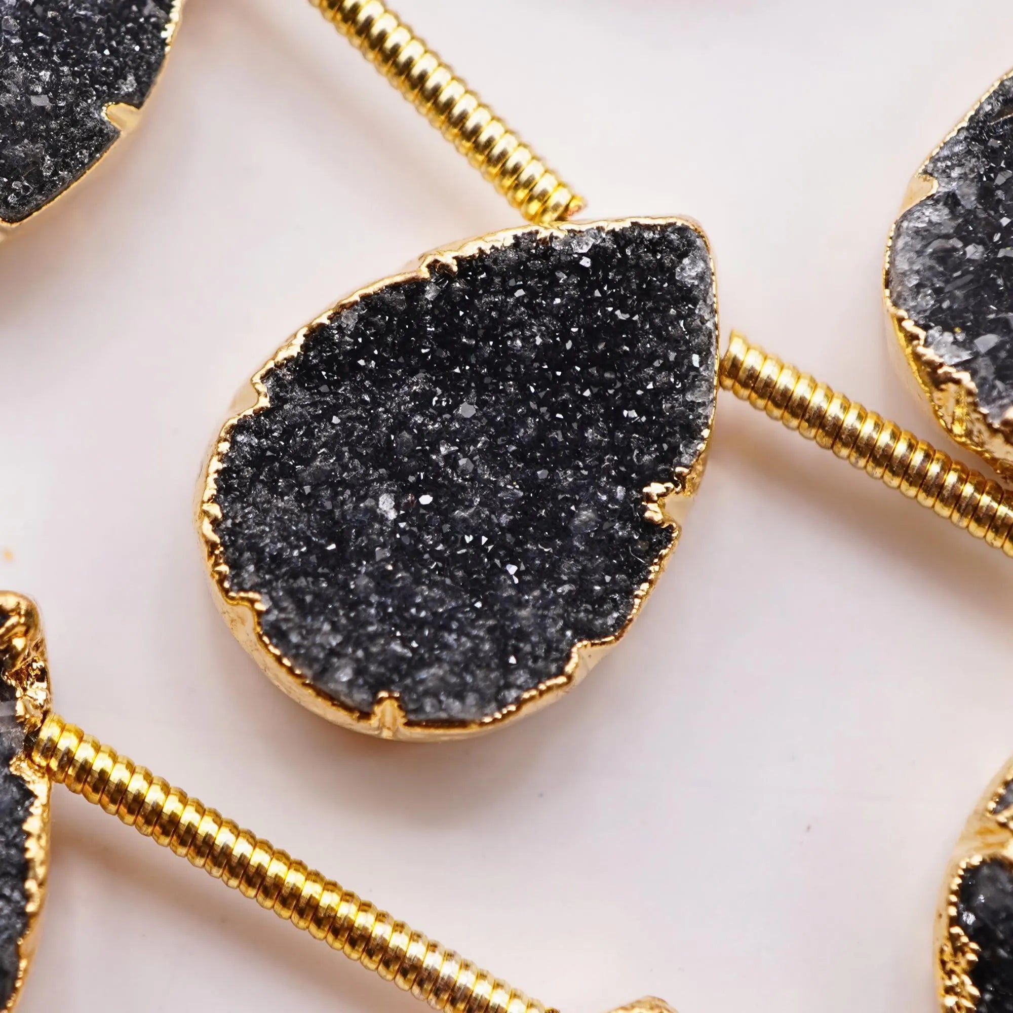 Black Druzy Teardrop Shape Gold Electroplated Side Drilled Stand