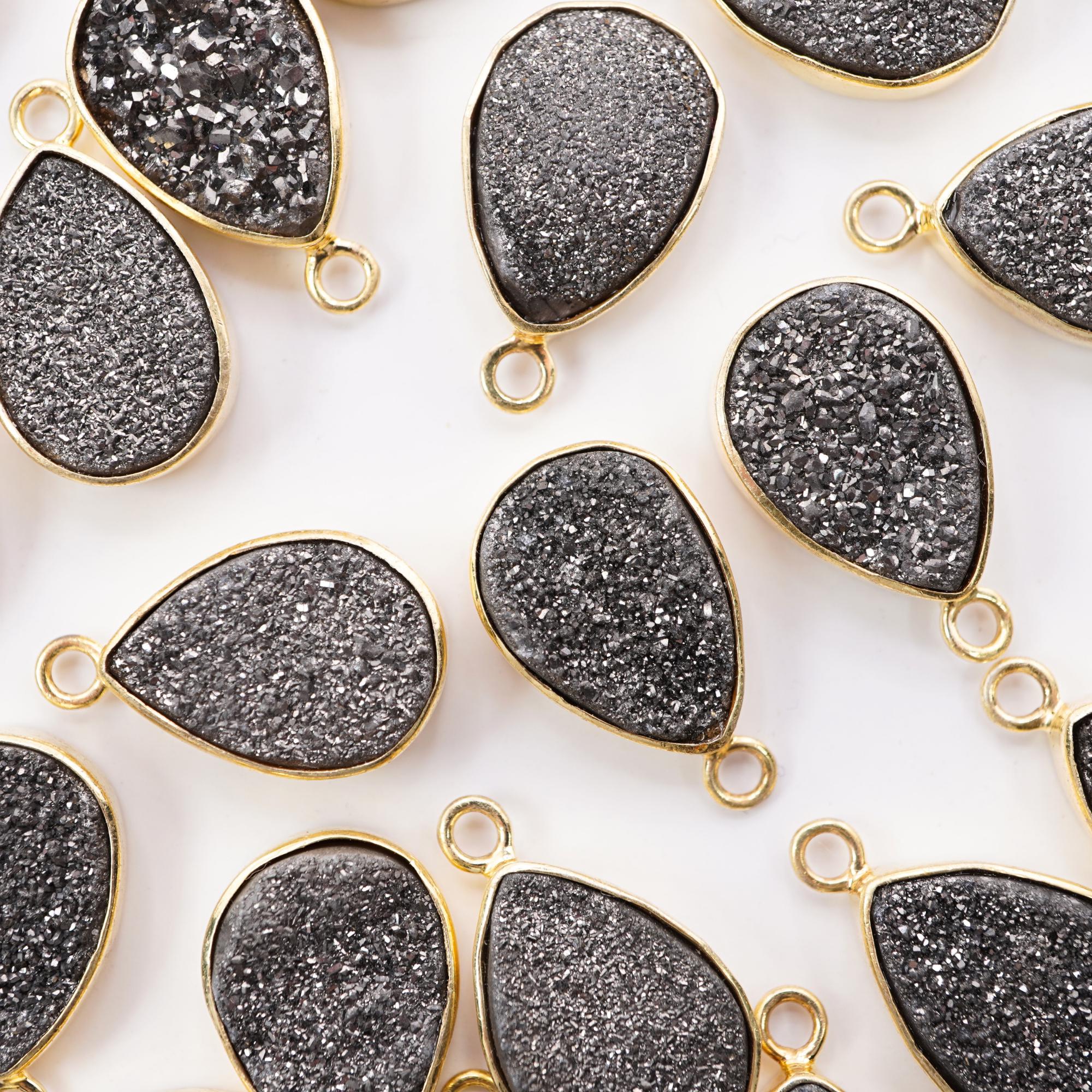Black Druzy Pear Gemstone Gold Electroplated Charm Pendant