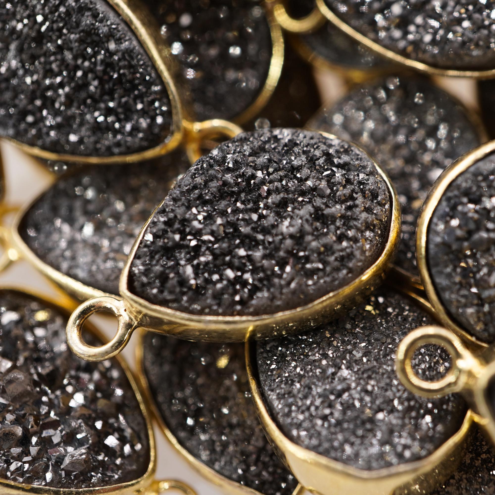 Black Druzy Pear Gemstone Gold Electroplated Charm Pendant