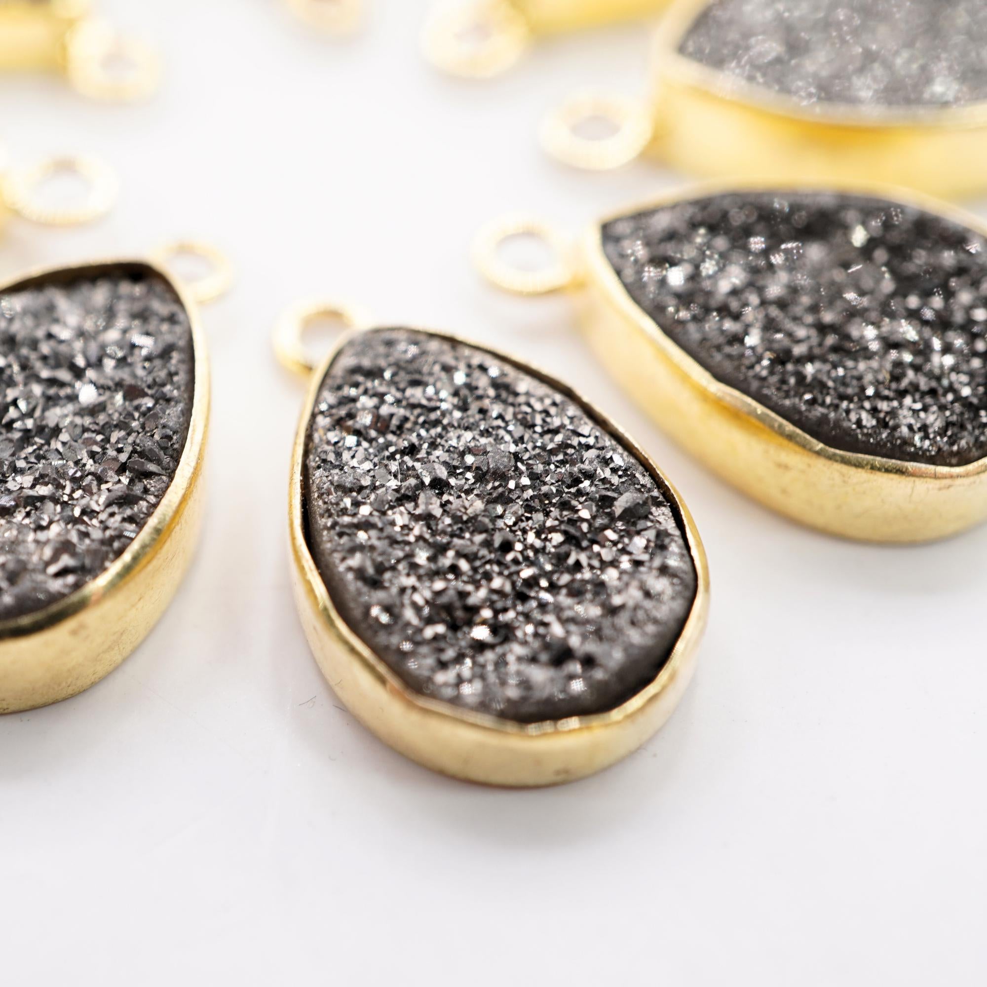 Black Druzy Pear Gemstone Gold Electroplated Charm Pendant