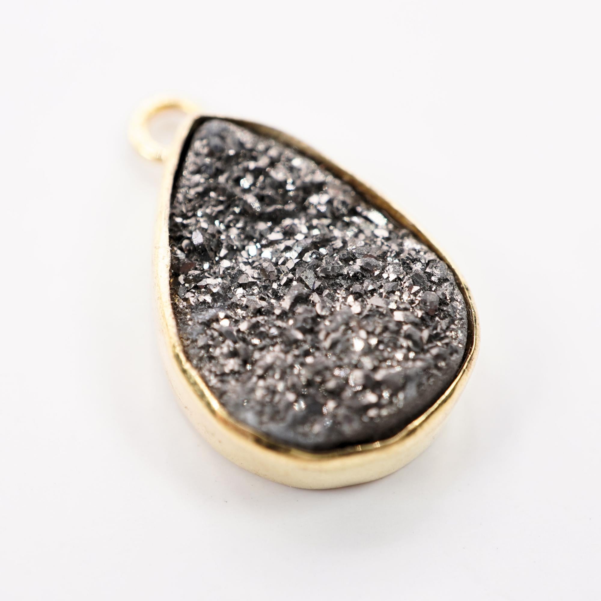 Black Druzy Pear Gemstone Gold Electroplated Charm Pendant