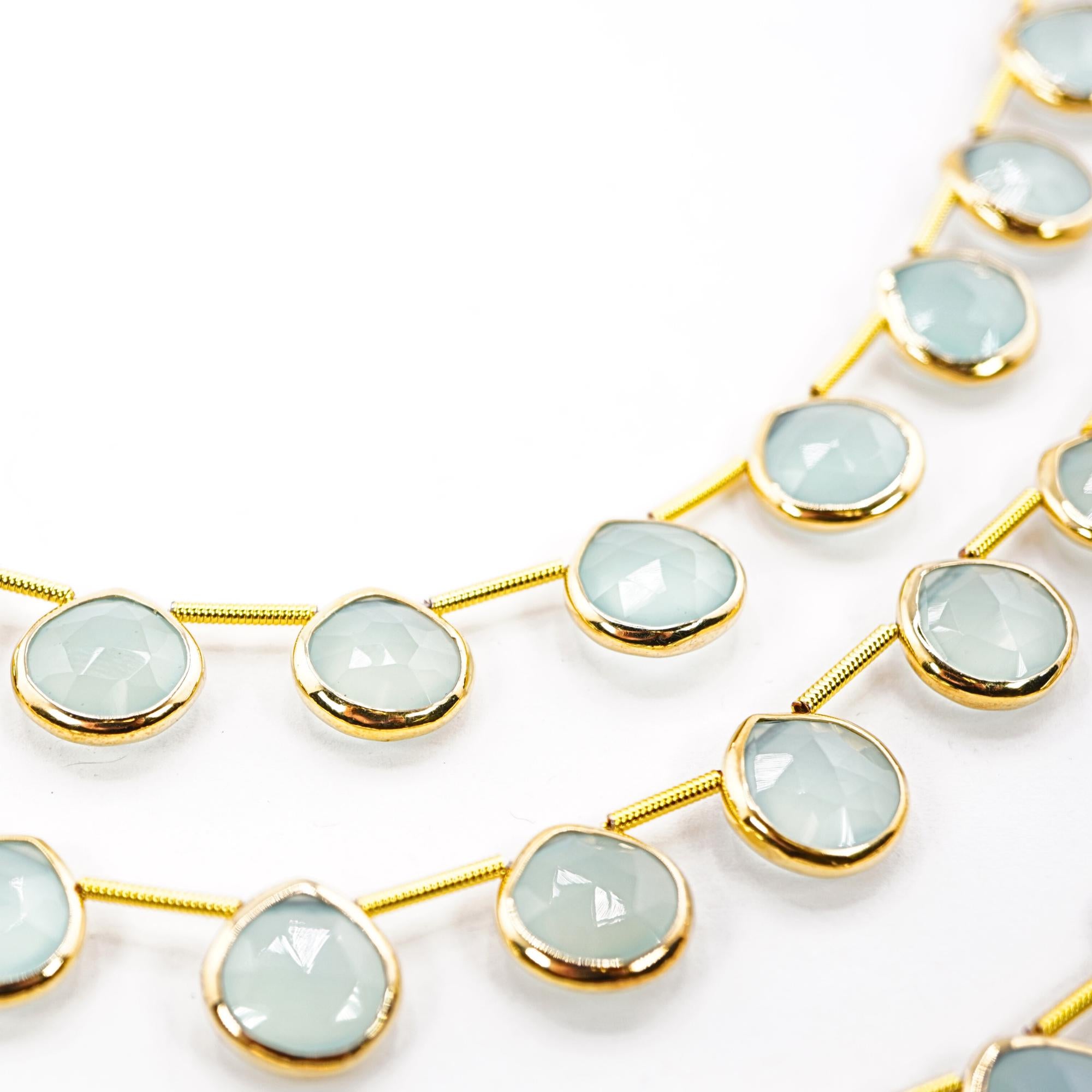 Aqua Chalcedony Heart Shape Gemstone Gold Electroplated Stone Side Drilled Stand