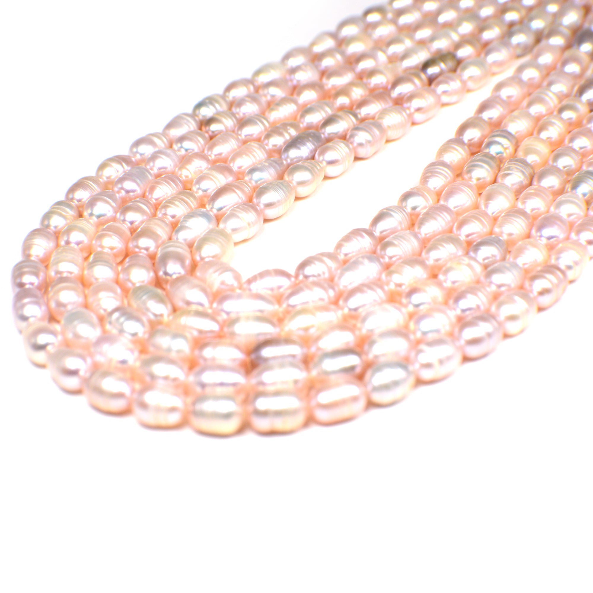 6x4 - 8x5 MM Pink Peach Ringed Rice Freshwater Pearls Beads