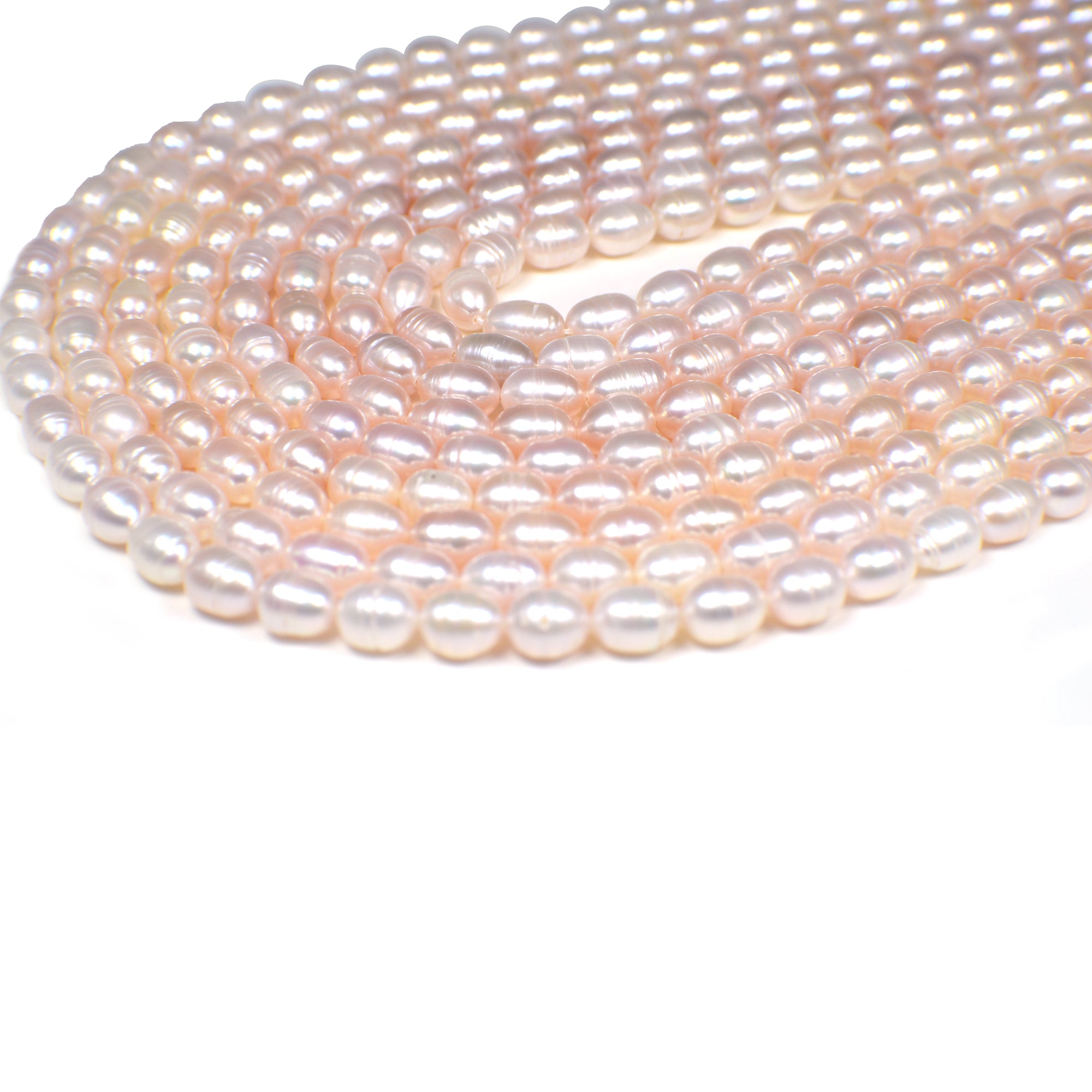 8x6 - 9x6 MM Pink Peach Ringed Rice Freshwater Pearls Beads