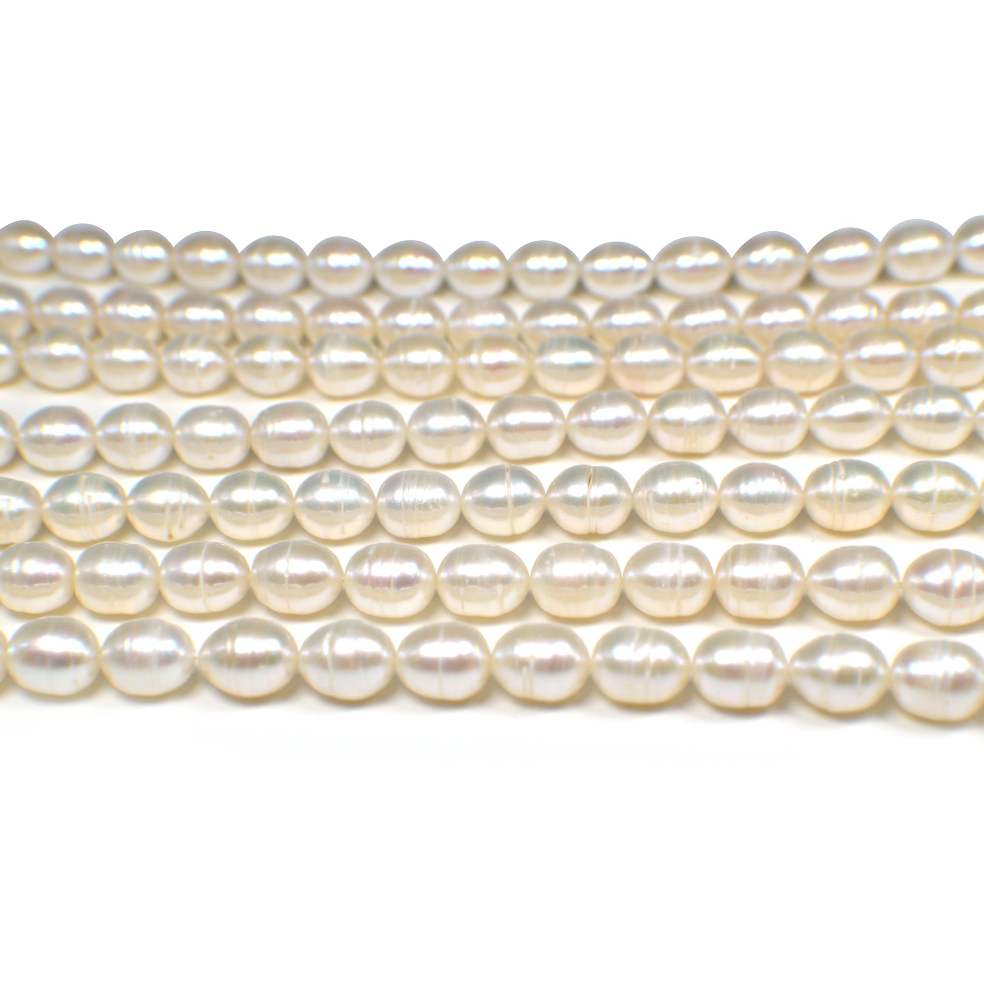 9 x 7 - 10 x 8 MM White Ringed Rice Freshwater Pearls Beads