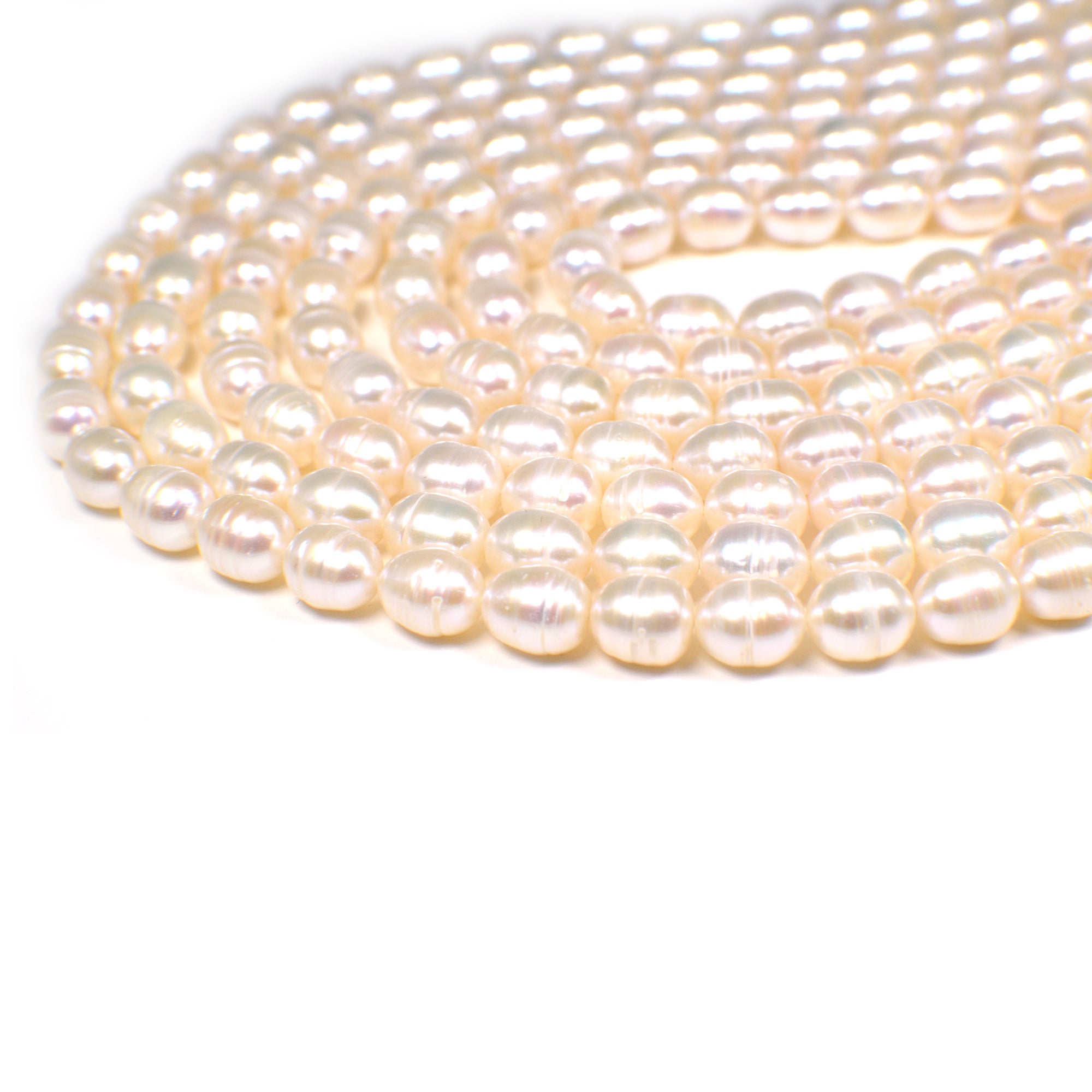 9 x 7 - 10 x 8 MM White Ringed Rice Freshwater Pearls Beads