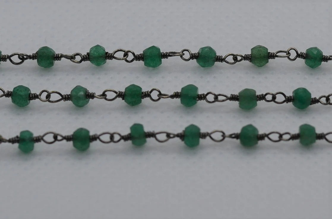 Green Onyx Rosary Beaded Chain Rondelle Faceted Gunmetal Plated Wire Wrapped Beads Chain