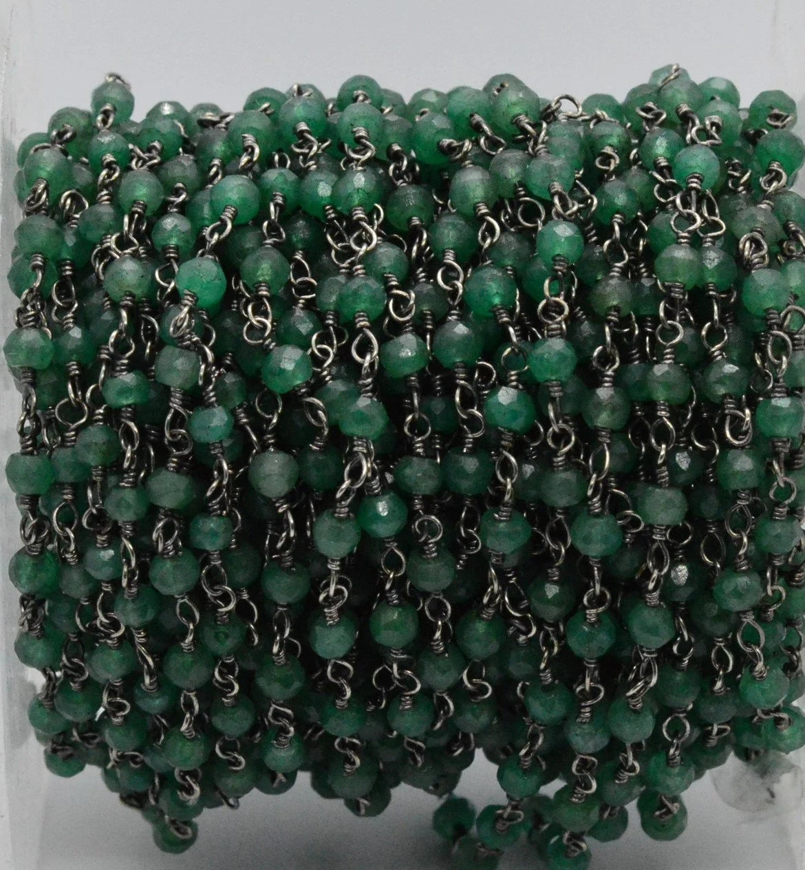 Green Onyx Rosary Beaded Chain Rondelle Faceted Gunmetal Plated Wire Wrapped Beads Chain