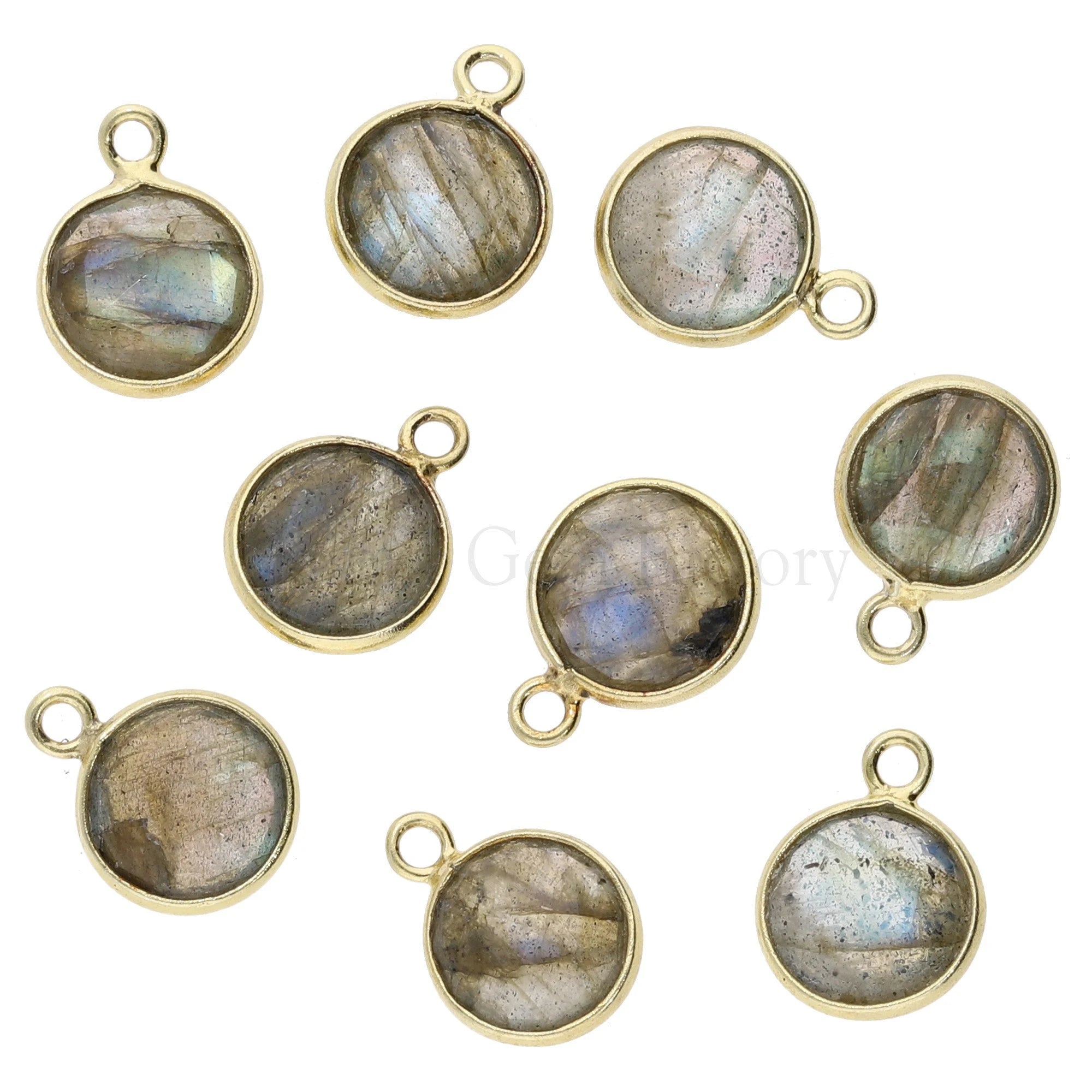 Labradorite Sterling Silver Gold Plated Coin Pendant Charm, Set of 2 pcs Jewelry Making Supply