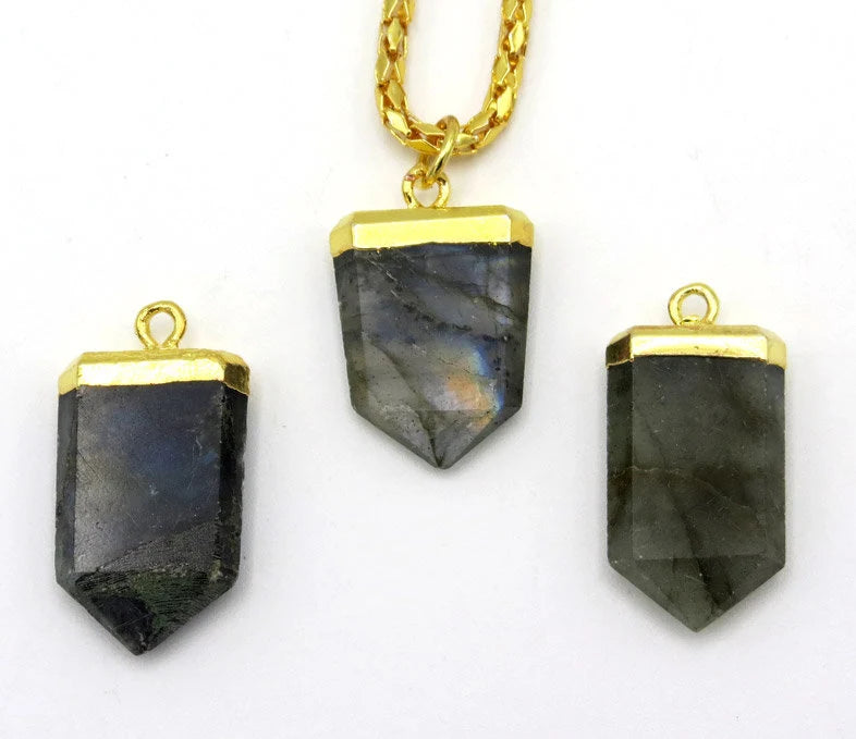 Labradorite Small Flat Pencil Gold Electroplated Pendant Charm