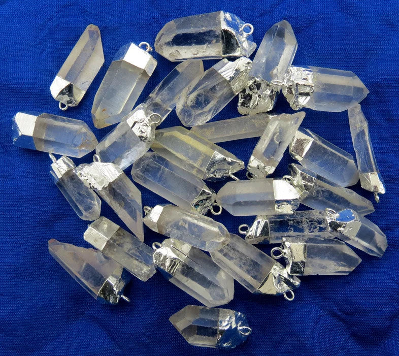Crystal Quartz Point Gemstone Silver Electroplated Charm Pendant
