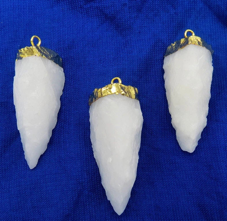 White Aventurine 3 Side Hand Knapped Tooth Shape Gemstone Gold Electroplated Charm Pendant