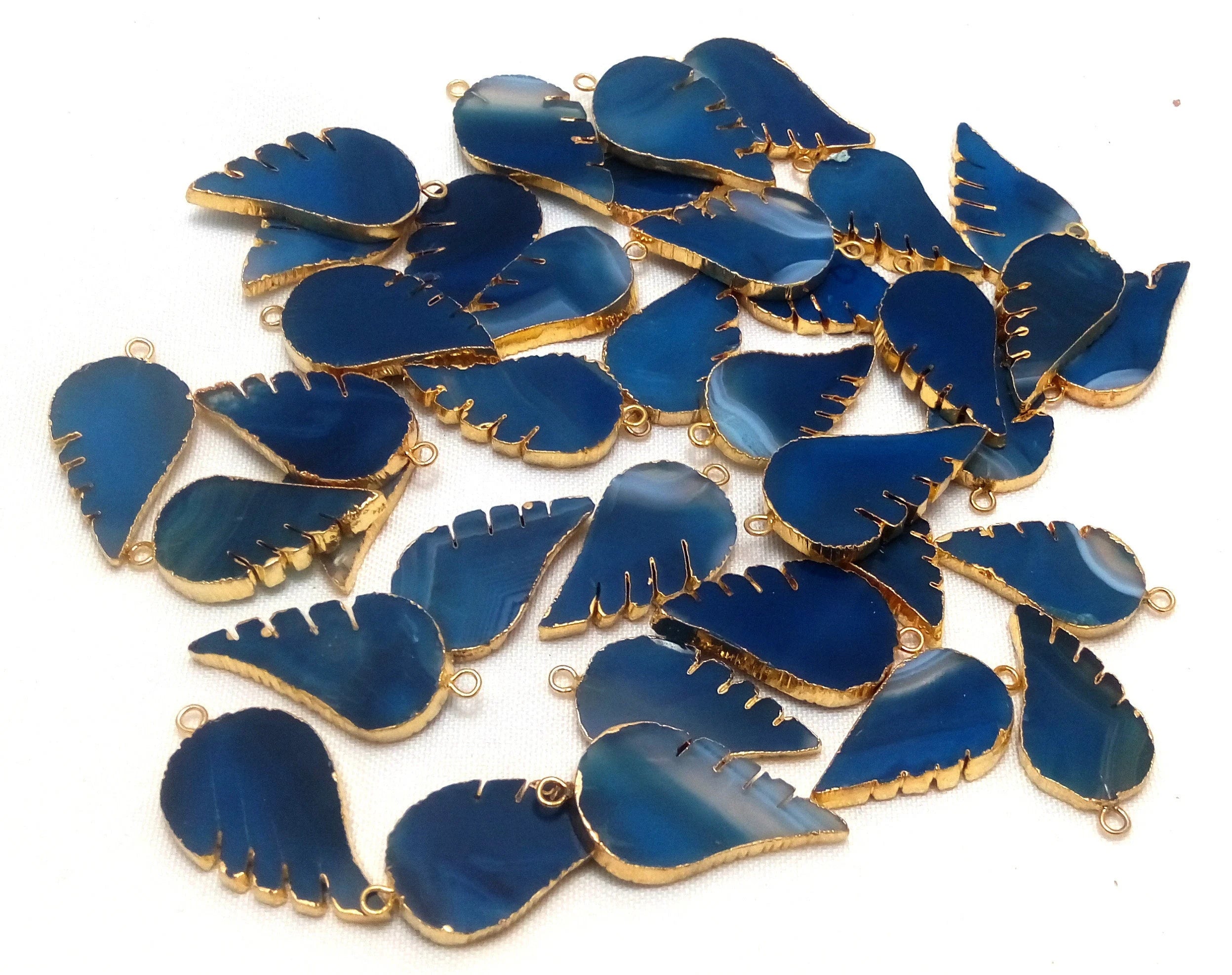 Blue Banded Agate Angel Wing Shape Gemstone Gold Electroplated Charm Pendant