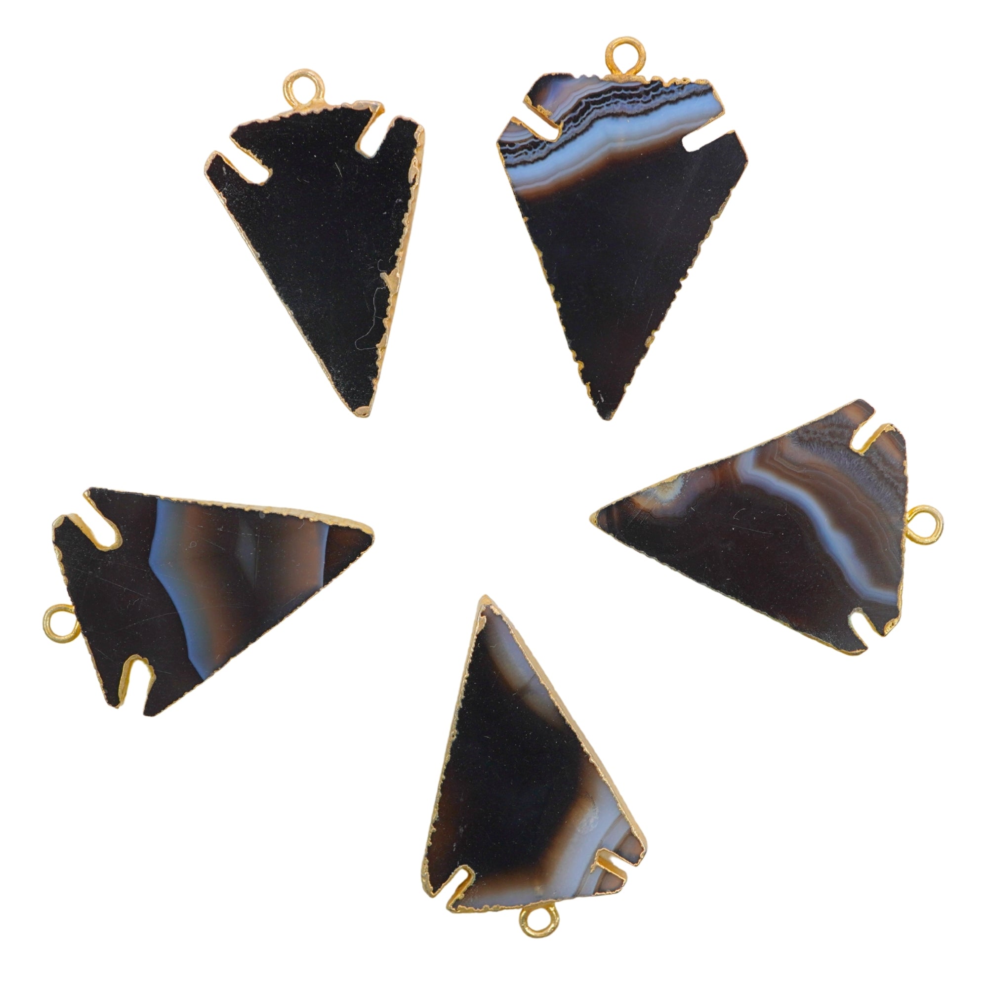 Black Banded Agate Chalcedony Arrowhead Gold Electroplated Pendant Charm