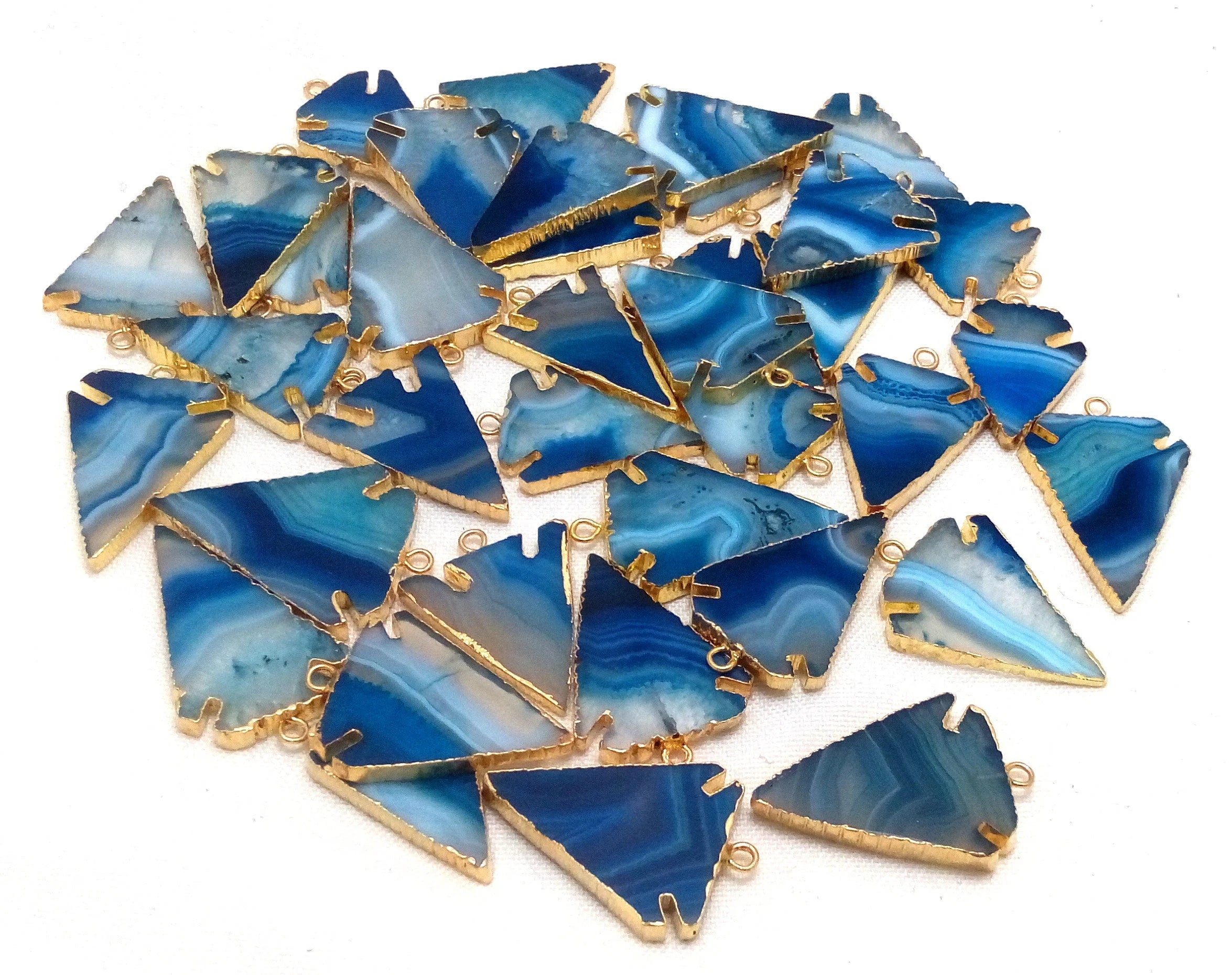 Persian Blue Banded Agate Arrowhead Shape Gemstone Gold Electroplated Charm Pendant