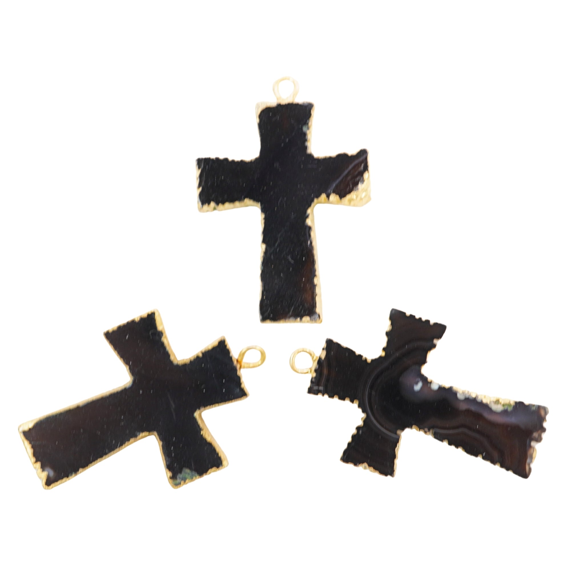 Black Banded Agate Cross Shape Gemstone Gold Electroplate Charm Pendant