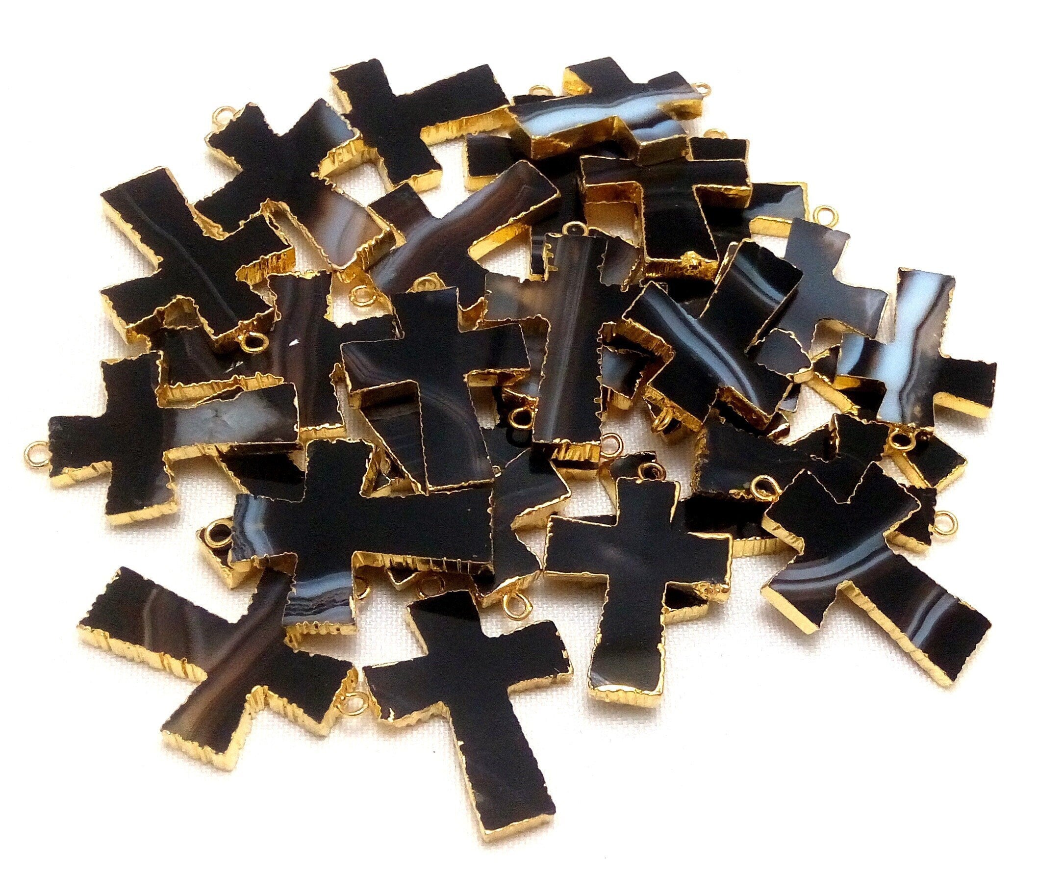 Black Banded Agate Cross Gemstone Gold Electroplate Charm Pendant