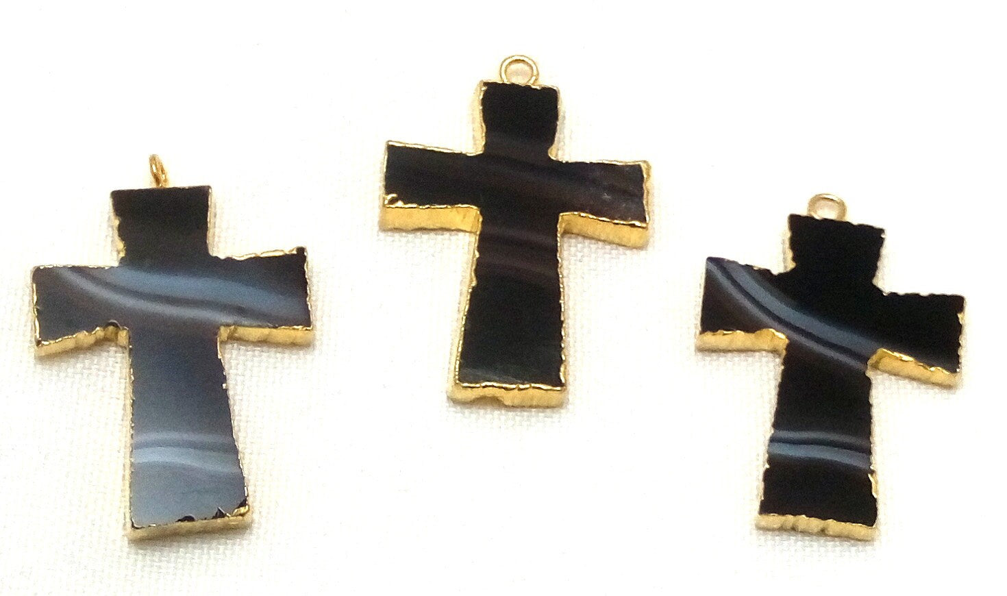 Black Banded Agate Cross Gemstone Gold Electroplate Charm Pendant